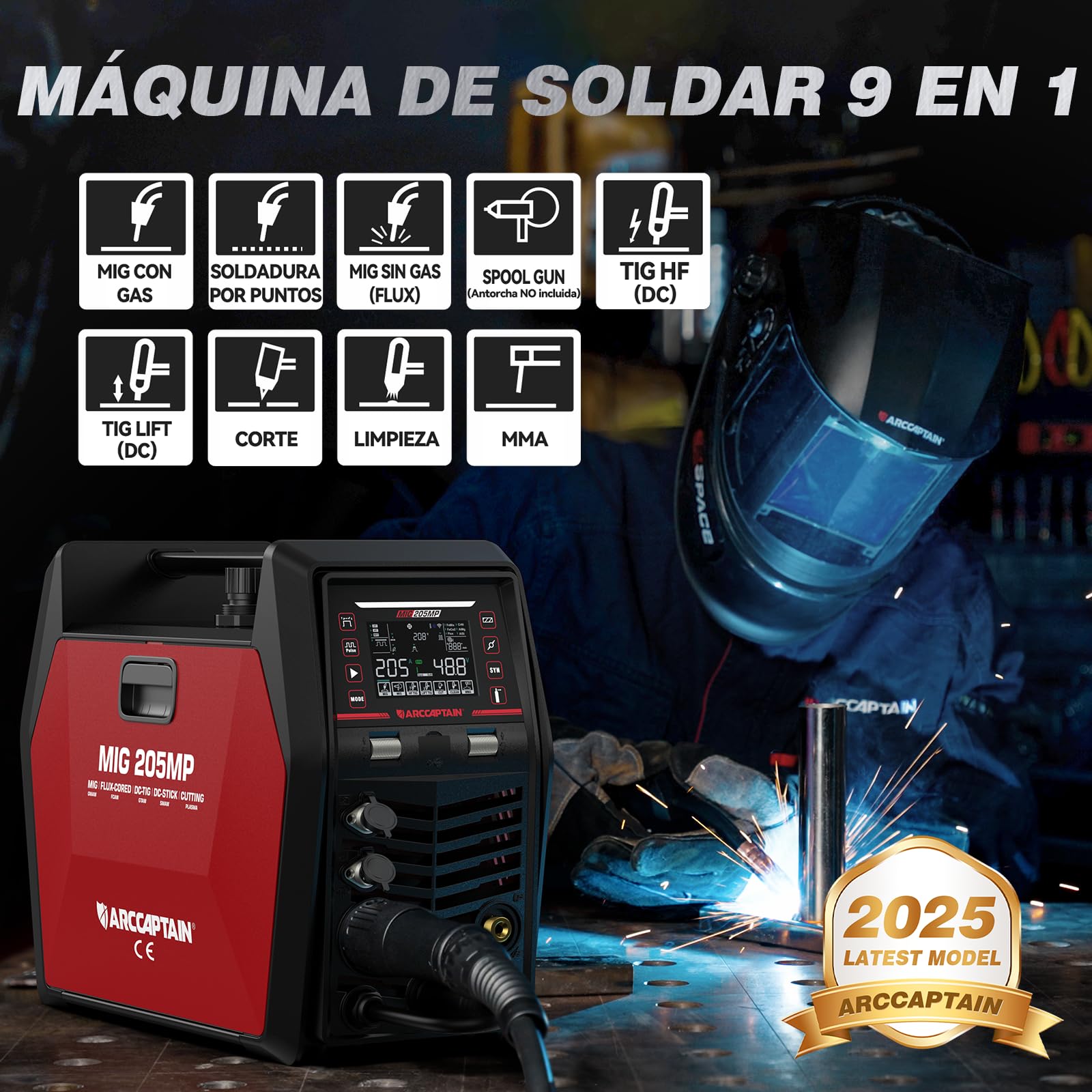 ARCCAPTAIN MIG205MP Soldadora 9‑en‑1 con control APP iControl/Plasma Cutter/Pulsed MIG/Flux Core/Spool Gun/DC HF/Lift TIG/Clean/MMA para aluminio 230 V multifunción