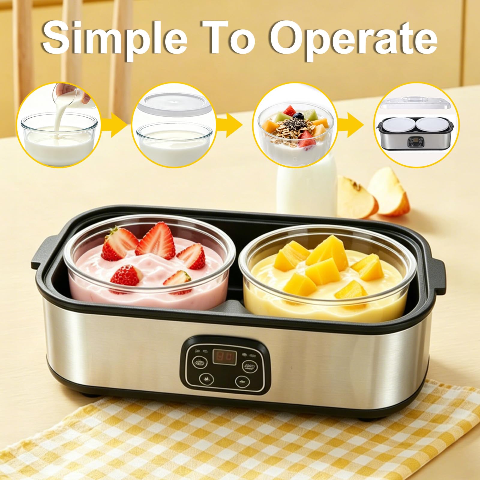 Macchina automatica per yogurt, 2 l, digitale, con 2 bicchieri, marmellata, gelato e budino, yogurt, per yogurt greco, formaggio, natto, vino di riso