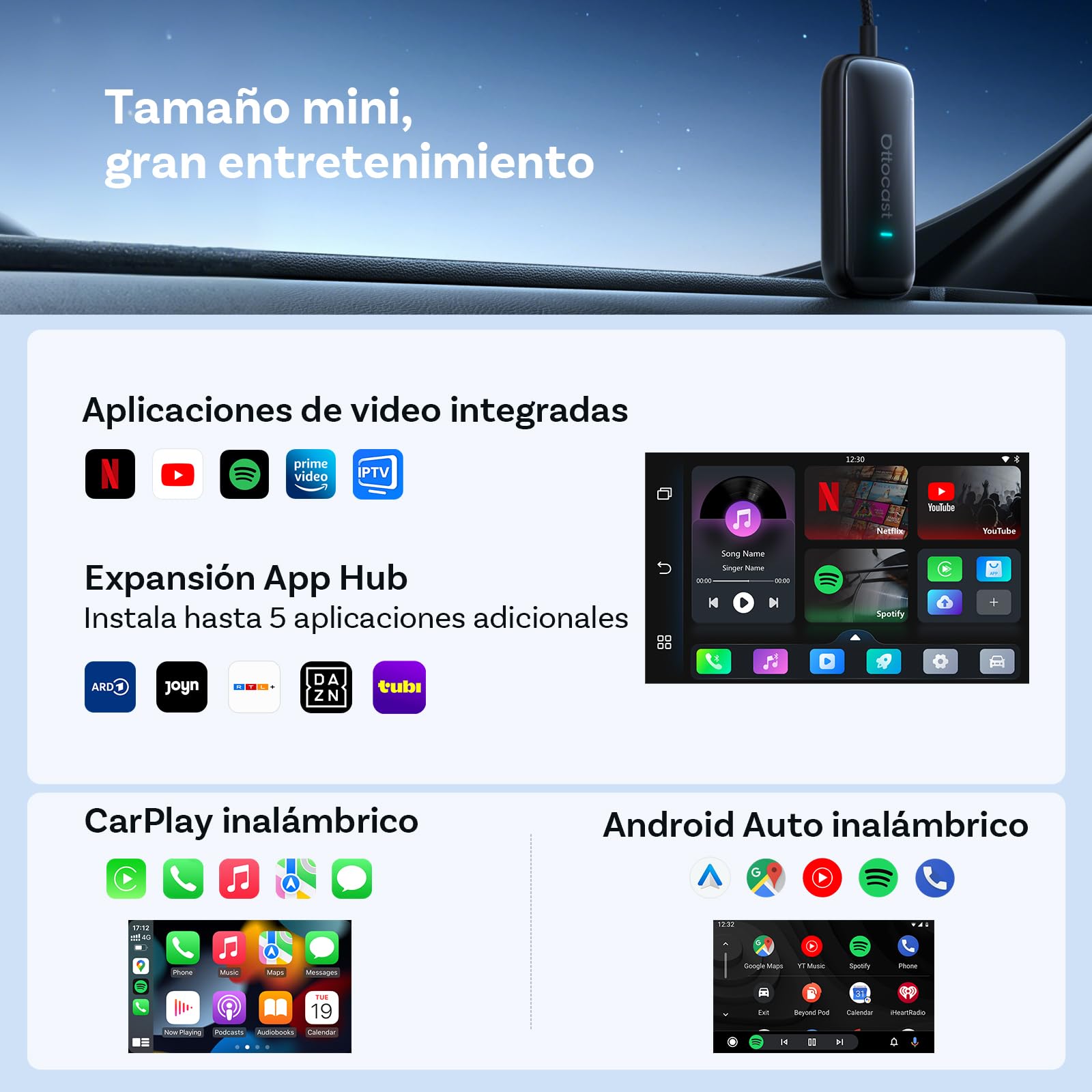 OTTOCAST Play2Video Ultra 2026 AI Box, Adaptador Inalámbrico CarPlay y Android Auto con Youtube, DAZN, Spotify, WiFi 6, 4GB+32GB, Plug & Play para Coche con CarPlay por Cable Desde 2016