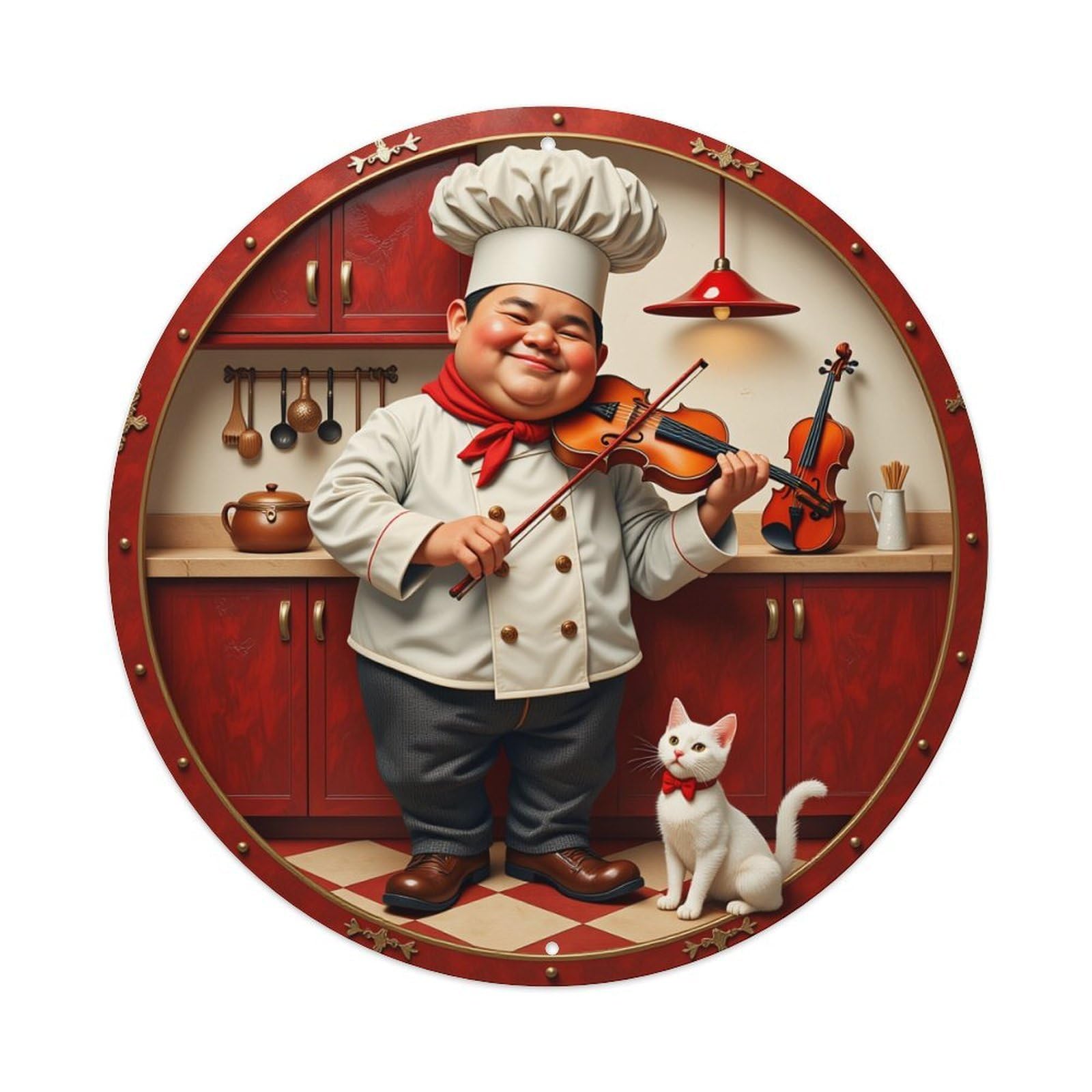 Chef Playing Violin With Cat Round Tin Sign Vintage Metal Poster, Home Bar Garage Man Cave Cafe Indoor & Outdoor Wall Decoration 8x8Inches