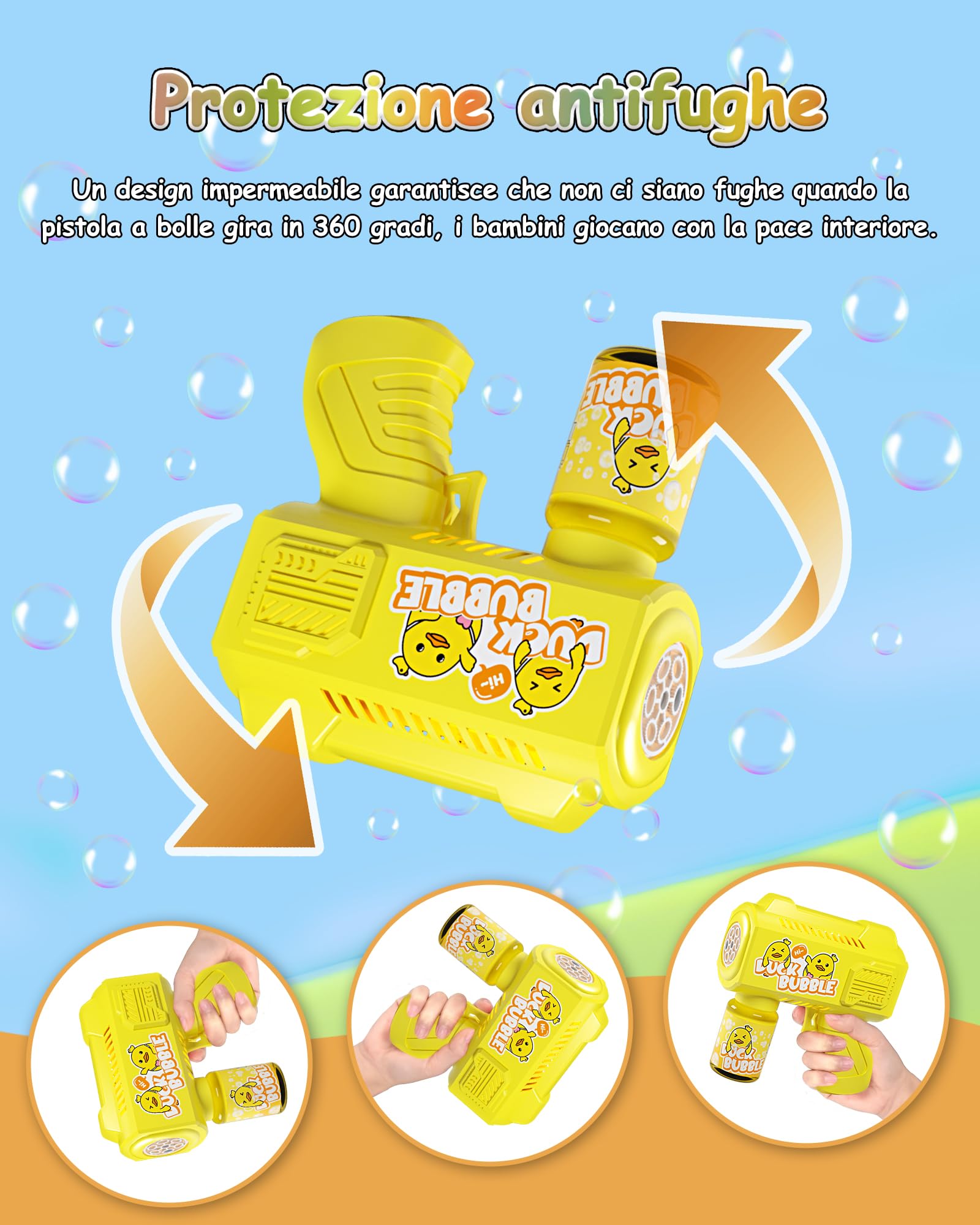 Pistola a Bolle per Bambini, Automatica Macchina di Sapone con 4 Pezzi Soluzione Bolla, 5000 + Bolle/Min, Luce LED, Estate per Festa/Spiaggia/Compleanno/Matrimonio