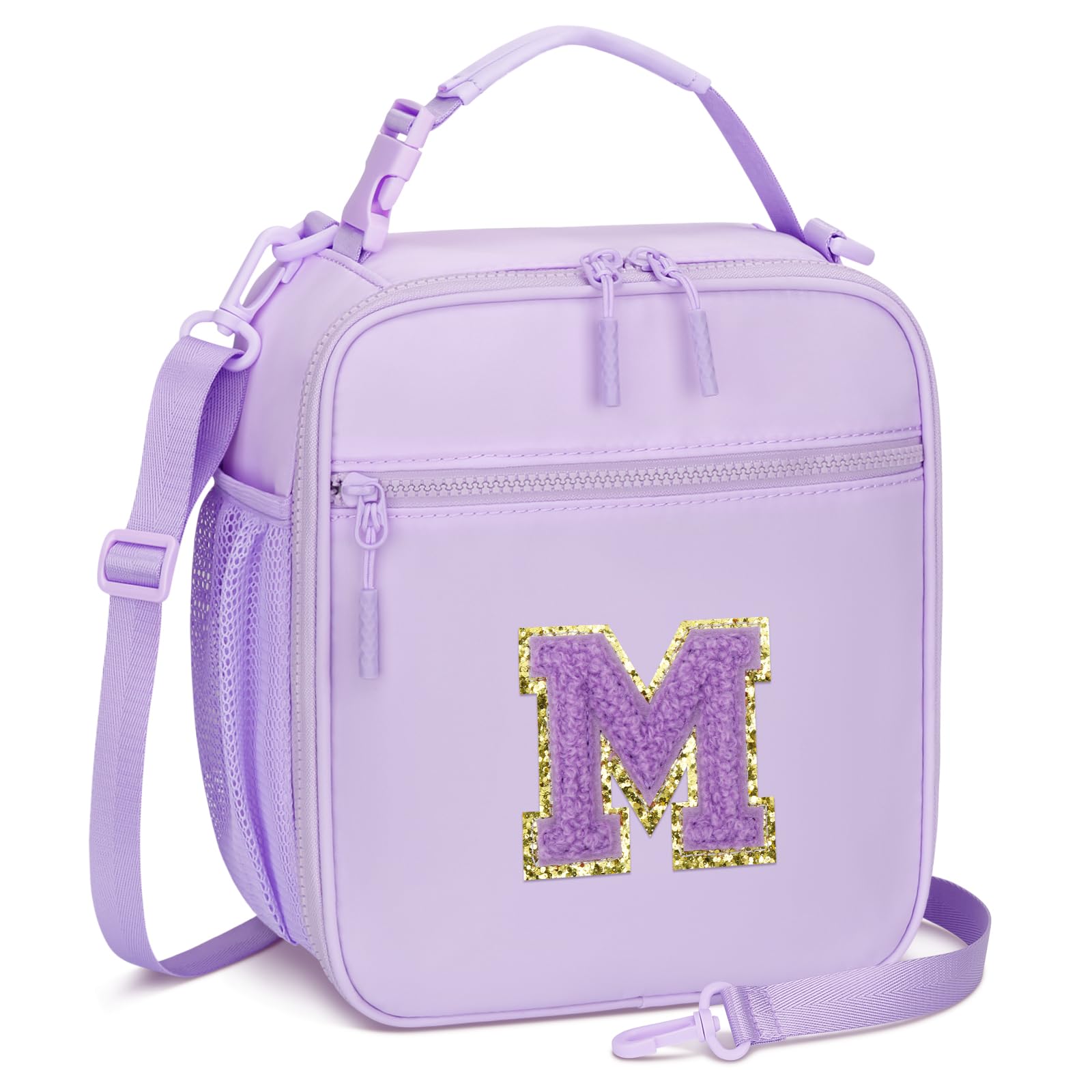 CLOUDWINGS Initial Insulated Lunch Bag for Girls Kids, Back to School Gift, Reusable Leak-proof Lunch Box with Adjustable Strap for School Daycare Travel Picnic (Purple,M)