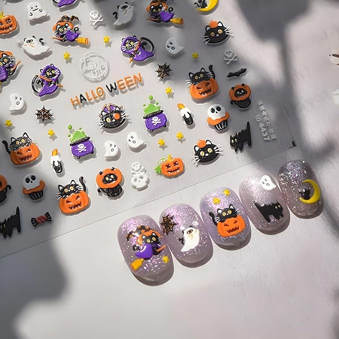 Halloween Nail Art Sticker Cute Ghost Nail Stickers Pumpkin 5D Self-Adhesive Nail Decals Black Cat Nail Art Sugar Skull Nail Supplies Accessories Decoration for Women and Girls