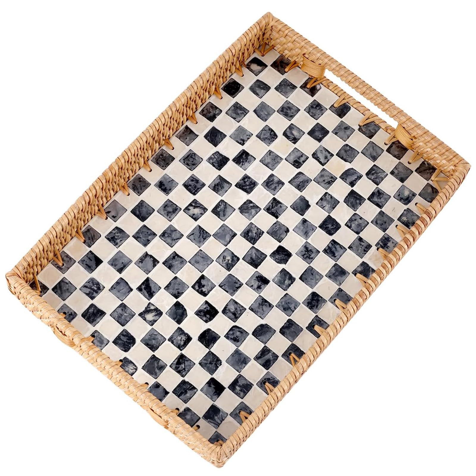 Rattan Tray with Mother of Pearl Inlay, 33 * 23 * 3.5cm, Rectangular Coffee Table Tray with Handles, Decorative Wicker Tray, Woven Serving Tray for Coffee Bread Fruits