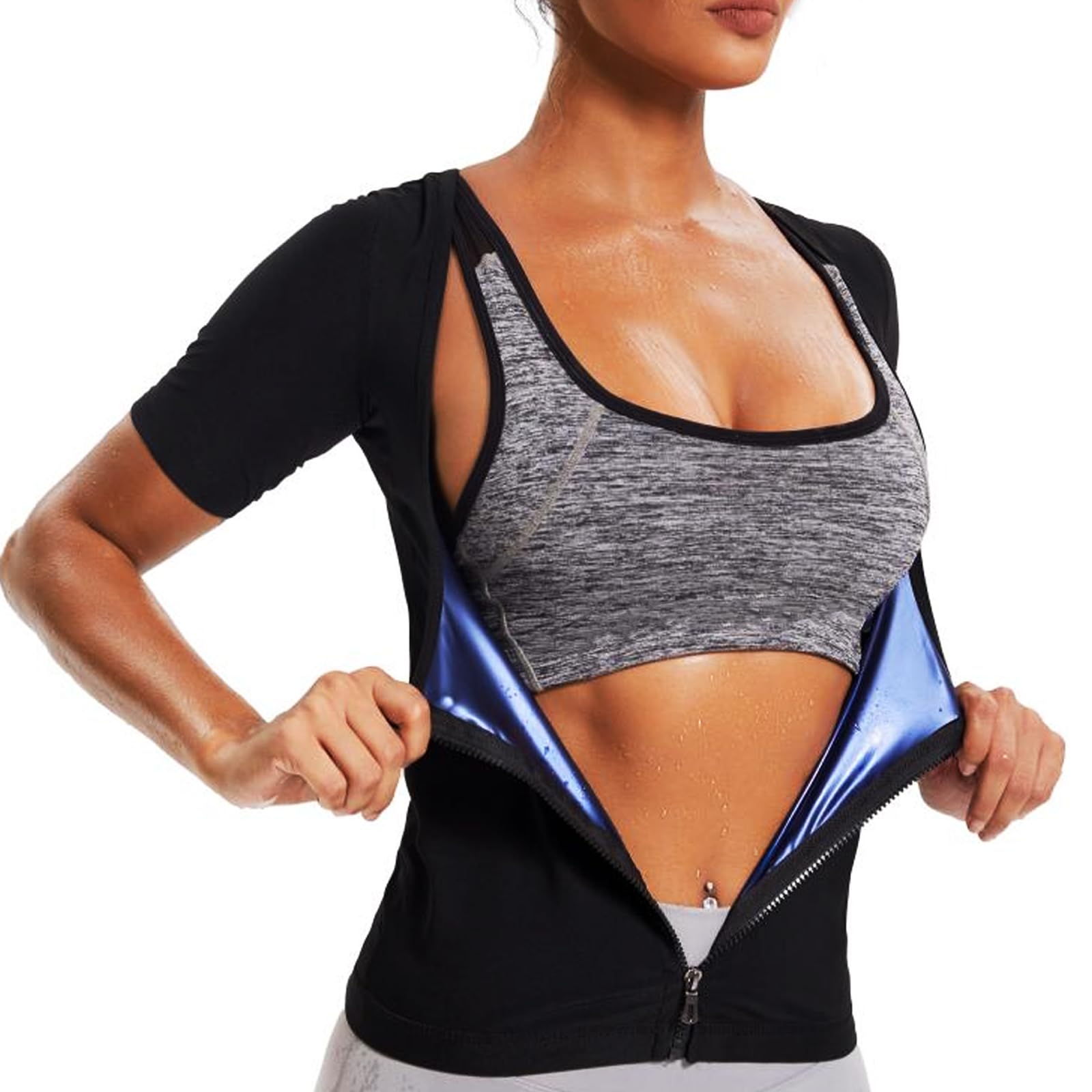 Lsnere Sauna Shirt for Women Weight Loss Sauna Suit for Women Waist Trainer Sweat Vest Workout Body Shaper Zipper 3XL