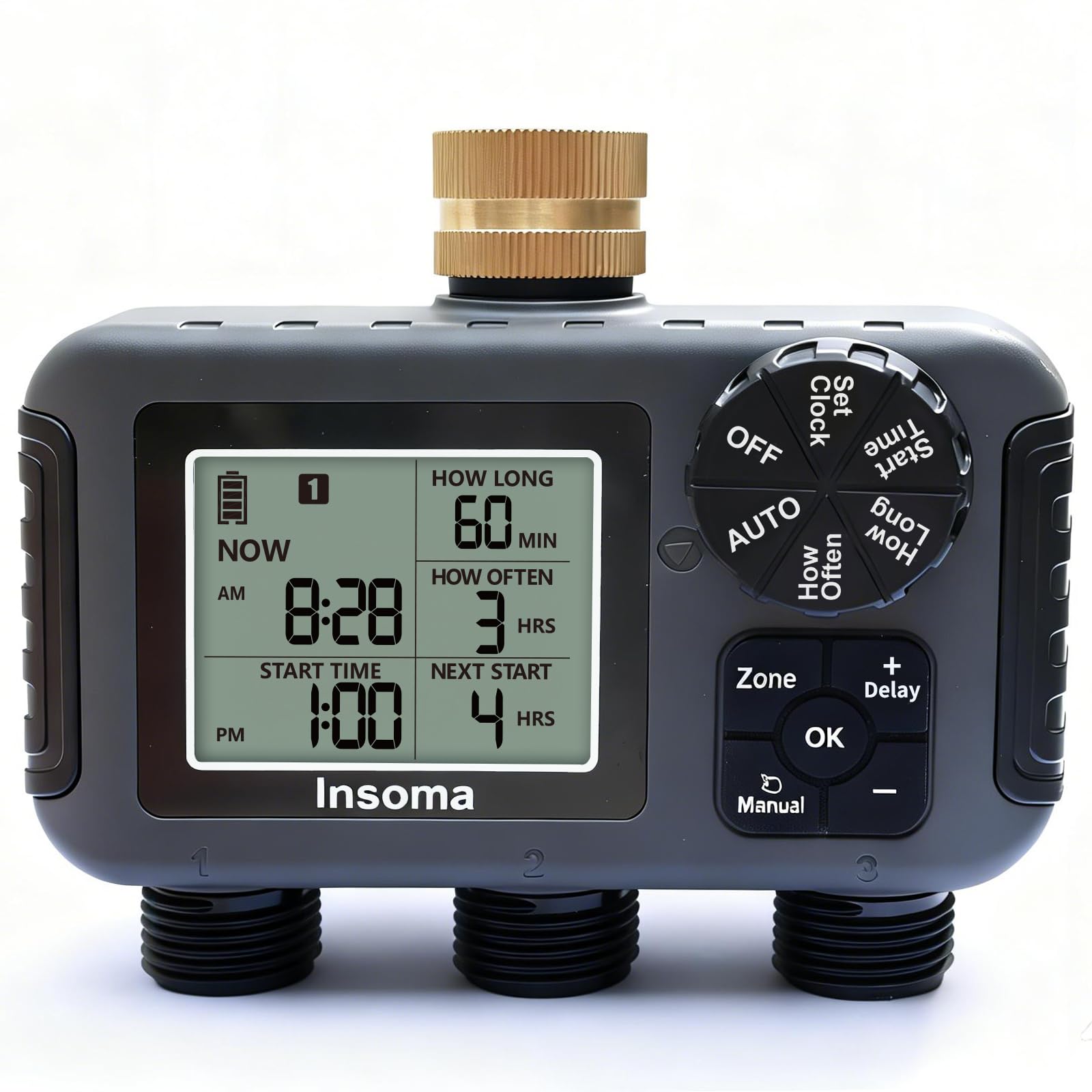 Insoma Timer irrigatore a 3 zone con ingresso in ottone + impermeabile IPX5 | Modalità di irrigazione automatico/manuale programmabile con ritardo pioggia e grande LCD | Timer per tubo dell'acqua 3