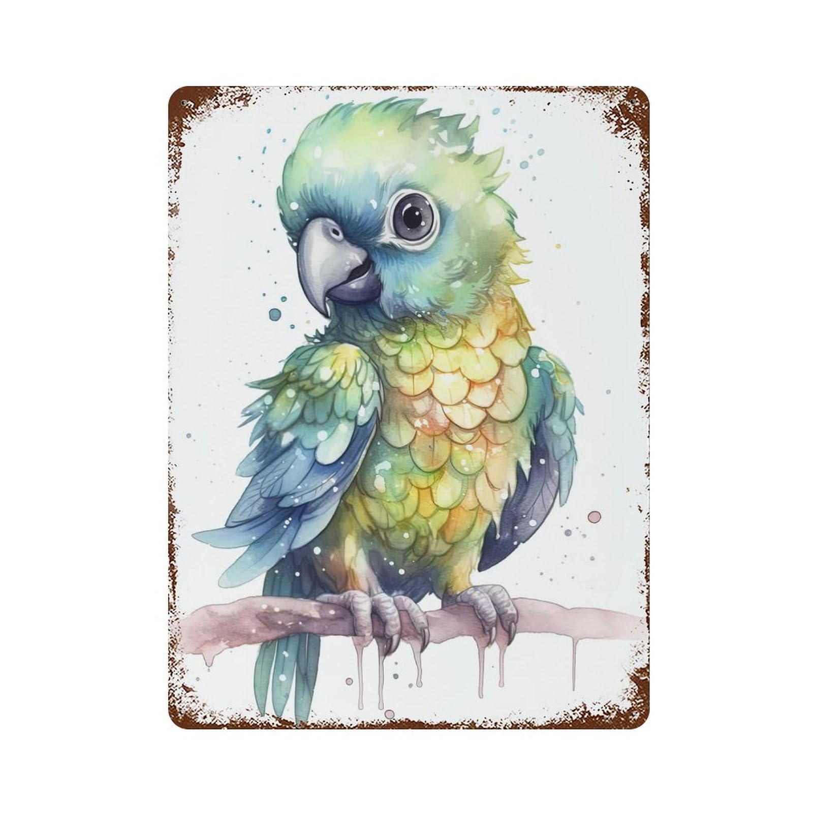 Aged Metal Wall Plaque with Watercolor Baby Macaw Design 15.7"x11.8", for Basement, Hobby Room And Garage Decor, Classic Wall Plaque