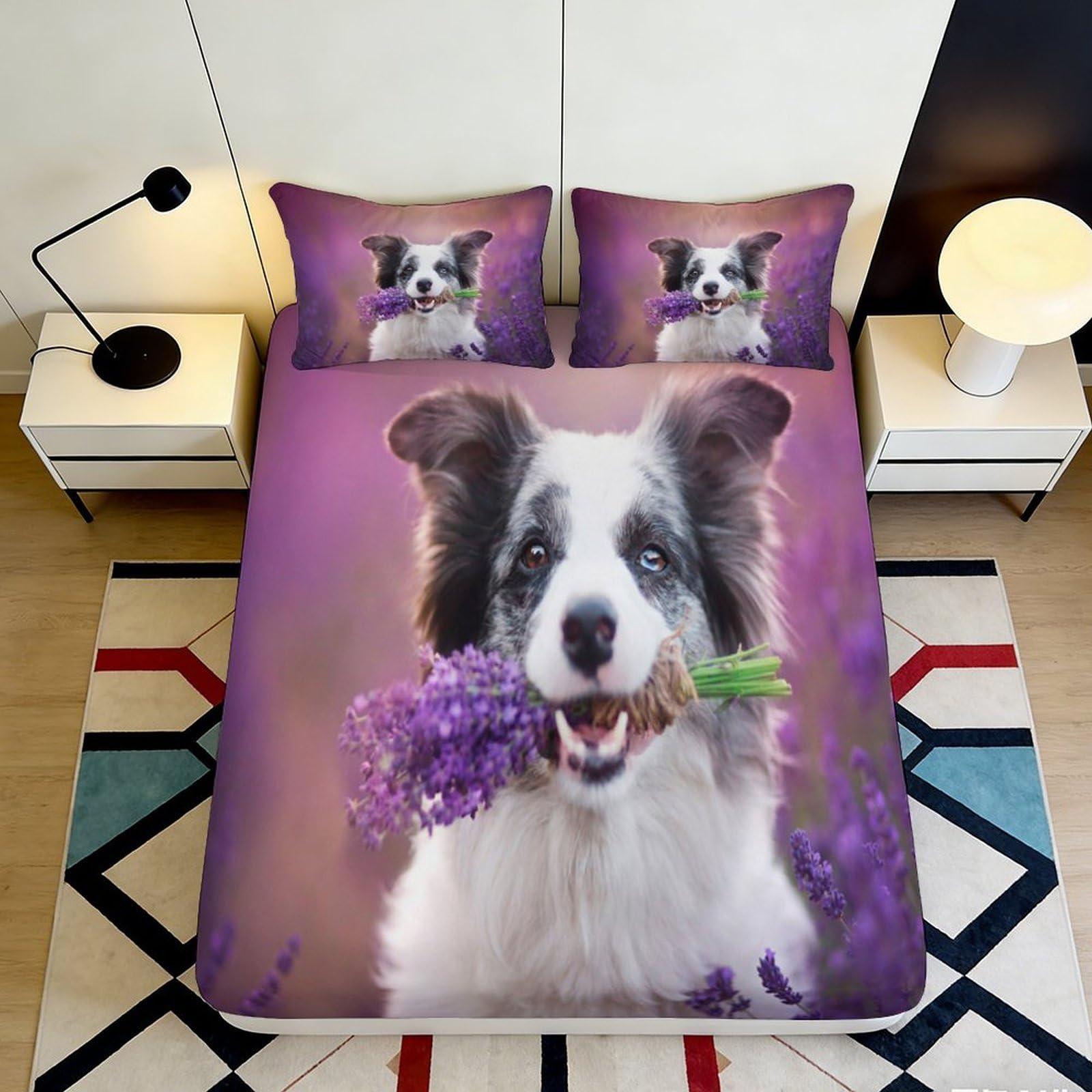 3D Printed Lavender Dog Fitted Sheet Microfiber Deep Pocket Bedroom Bedding Non-Slip Lavender Dog Mattress Fitted Cover Washable for Home 200x200x25cm 90x200x25cm