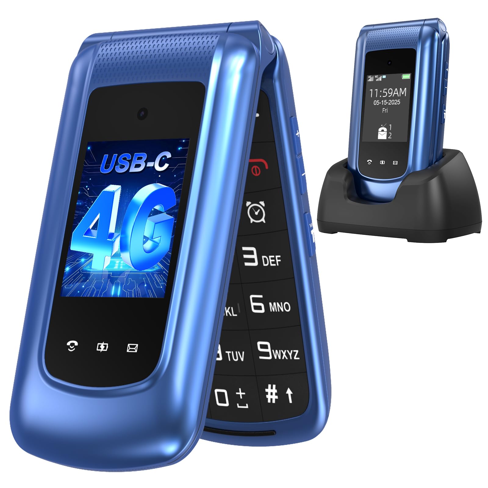 Usteetic 4G Teléfono Móvil para Personas Mayores, Teléfono Móvil con Tapa Teclas Grandes Botón SOS Pantalla Doble de 2,4 y 1,77 Pulgadas Doble SIM USB-C Despertador Base de Carga, Fácil de Usar, Azul