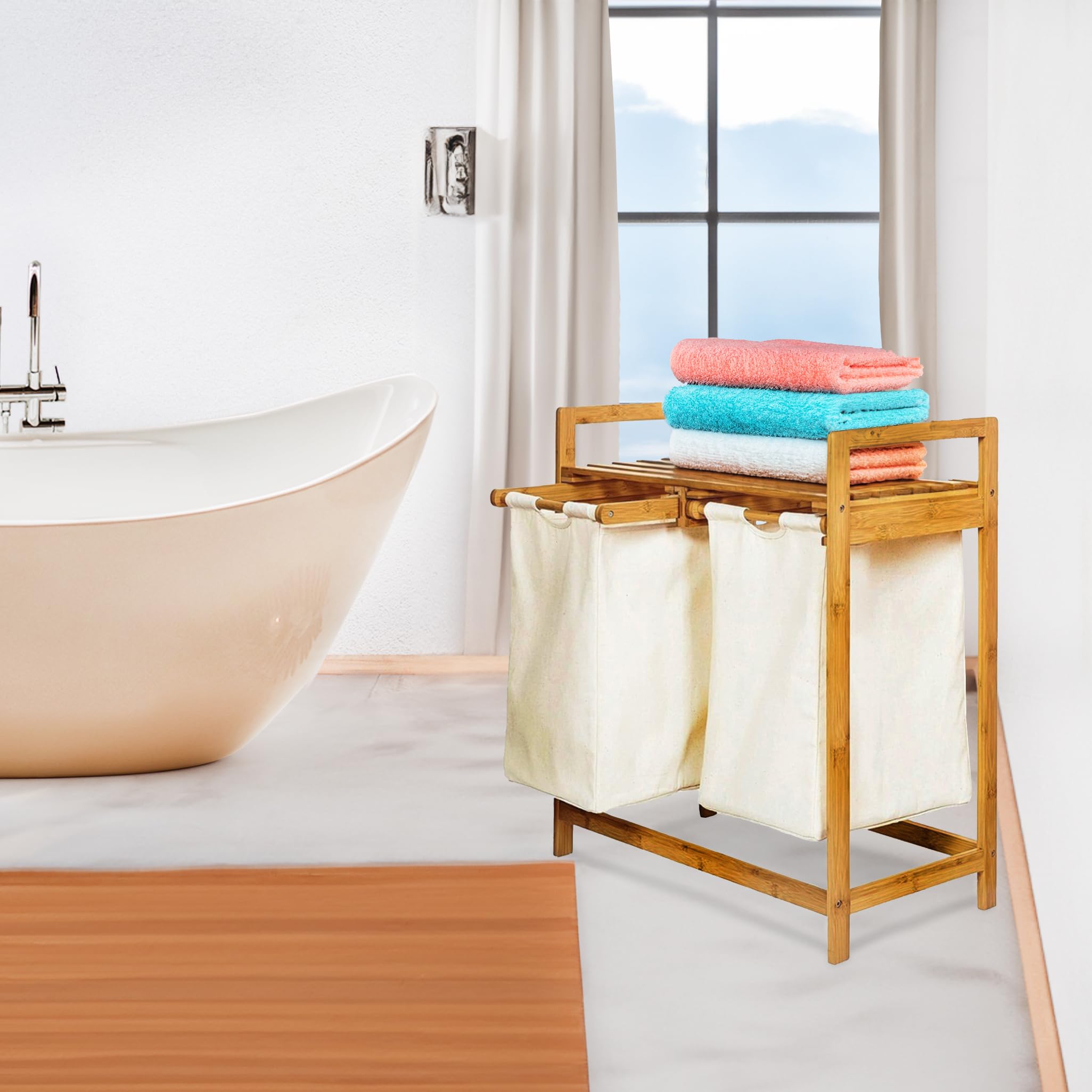 Cesto portabiancheria in bambù ripiano per il bagno portabiancheria in bambù sacchetto per il bucato ripiano per il bagno selezionatore di biancheria 63x33x74 cm Beige
