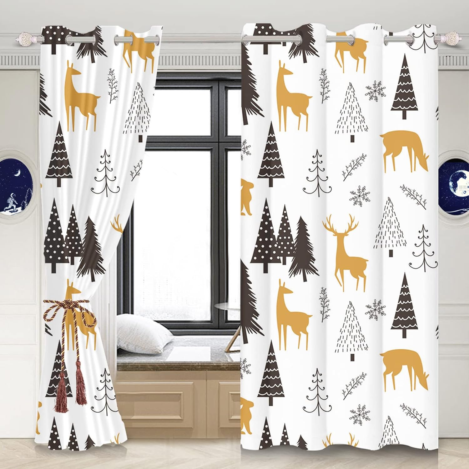 Yeele 21x54inches Kids Room Cartoon Pattern Print Grommet Window Curtain Forest Elements Deer Rabbit Trees Blackout Curtains for Living Room Bedroom Decor Waterproof Polyester Drapes 2 Panels,White