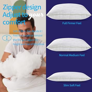 Bed Pillows Queen Size Set of 2,for Sleeping, Adjustable Queen Pillows 2 Pack with Zipper, Cooling Hotel Quality with Premium Soft Down Alternative Fill
