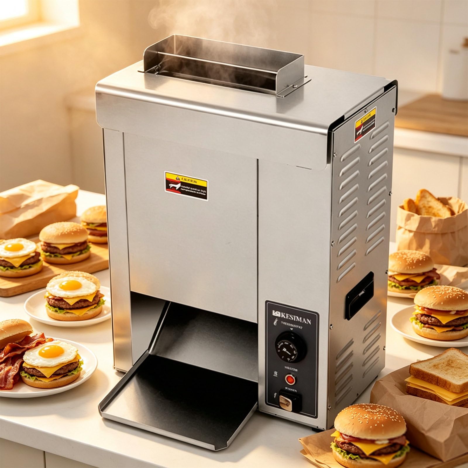 Pionowy opiekacz do bułek hamburgerowych (2000 W, 220 V) z regulacją temperatury i grubości – idealny do burgerowni i kawiarni