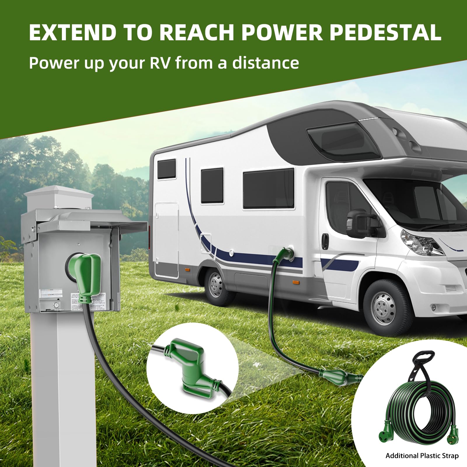 Cable de extensión para RV de 30 amperios, 50 pies con mango de agarre, calibre 10 resistente, cable STW, de cobre puro, para RV, NEMA TT-30P/R con organizador de cables para caravanas,