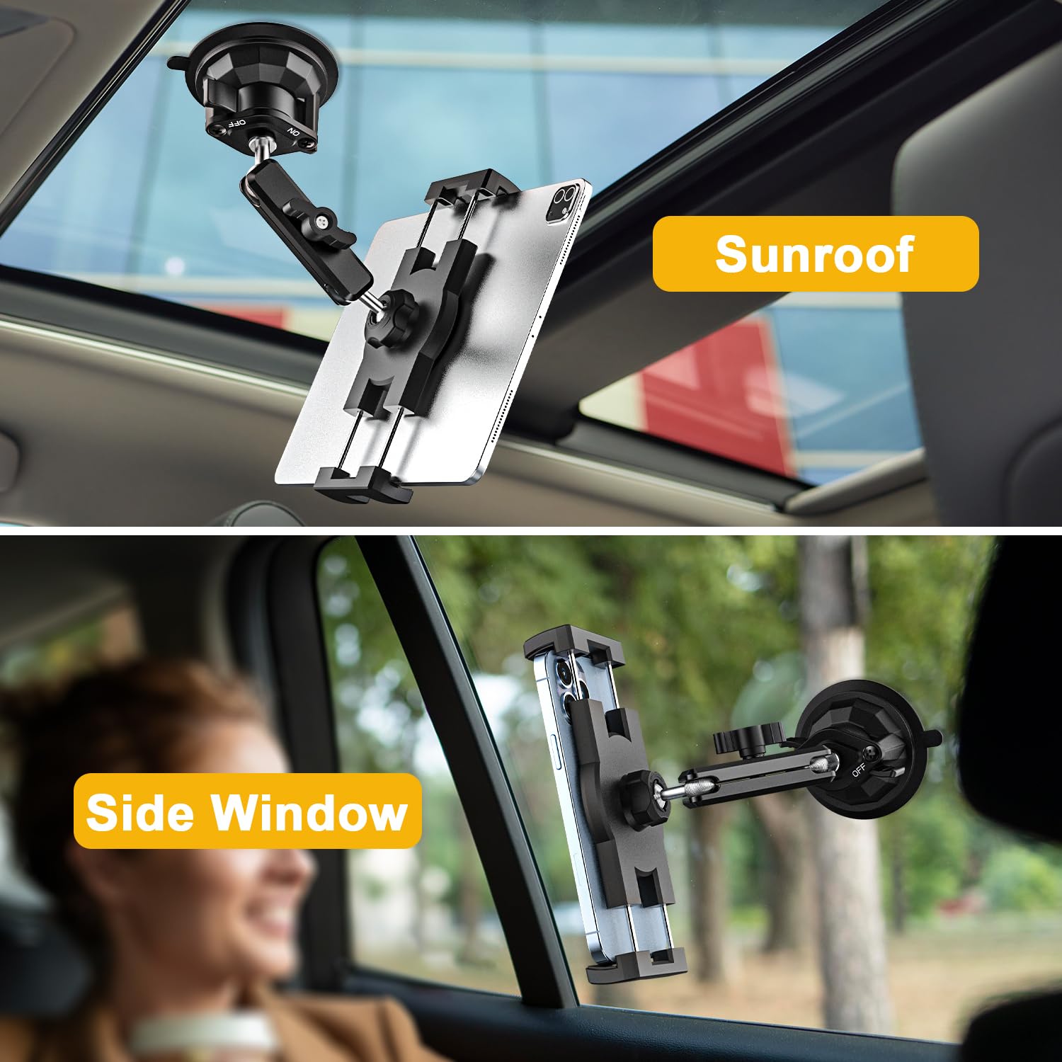 Soporte Tablet Coche con Ventosa Ultra Fuerte - Montaje en Salpicadero y Parabrisas, Metálico Soporte Camión Vehículo Compatible con iPad Pro/Air/Mini, Galaxy Tab/Z Fold, Kindle Fire, Móvils, 4-13"