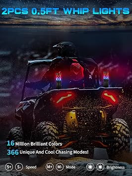 2 Pack 0.5FT Fat Whip Lights, LED Whips with App & Remote Control, Spiral RGB Chasing Lighted Whips with Rocker Switch, Whip Lights for Side by Side SXS UTV ATV RZRCan-Am X3 Off-Road
