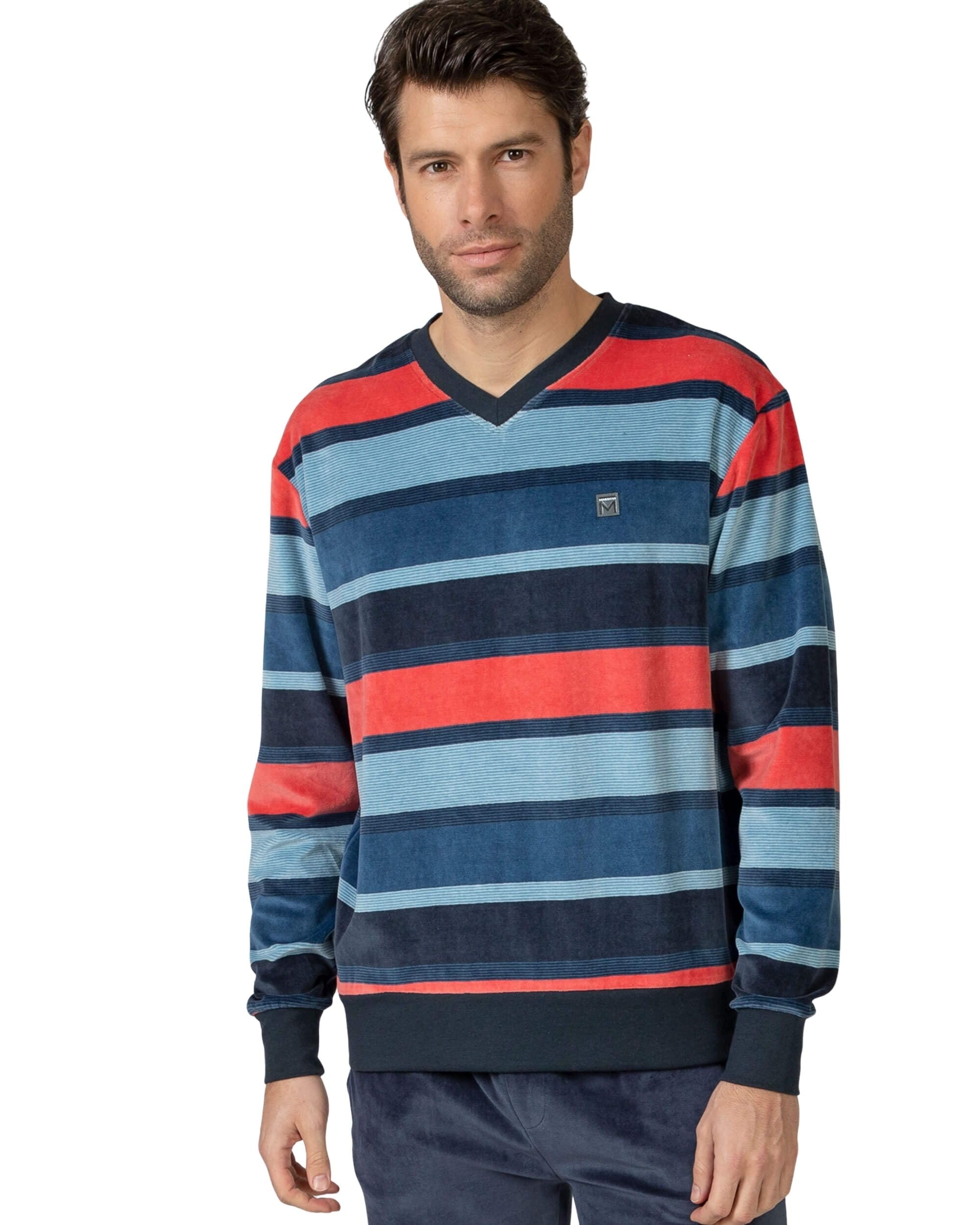 MASSANA Pijama de Invierno para Hombre, Manga Larga, 80% Algodón 20% Poliéster, Conjunto de 2 Piezas, Azul/Marino