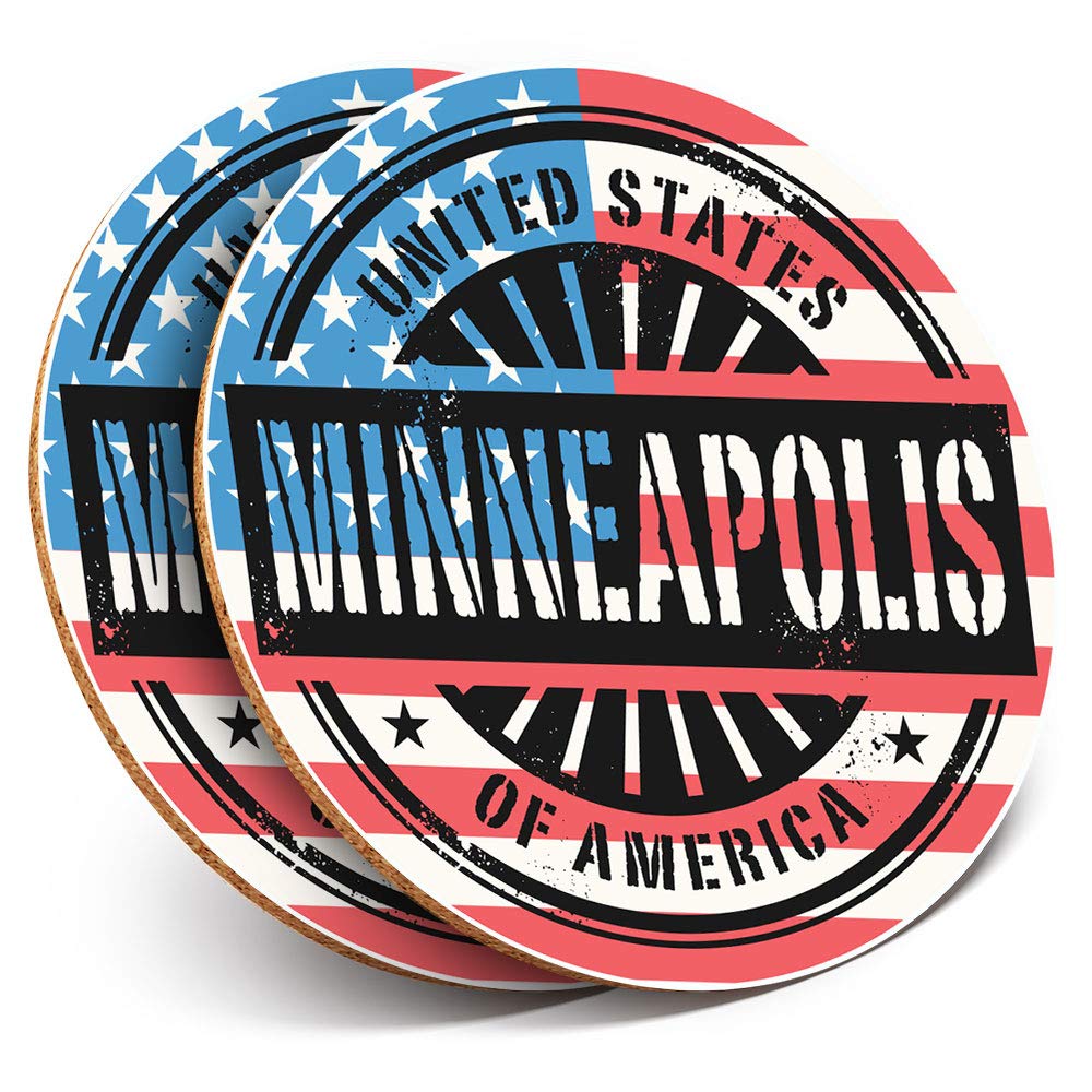 Destination Vinyl Ltd Multicolor 2 X Round Coasters - Minneapolis Minnesota Usa Flag - Cork Backed Home Kitchen Accessory Tea Coffee Mug Mat #6072
