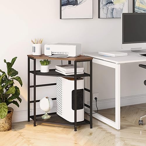 Miniatura 3 de VEDECASA Mesa de esquina para impresora con toma de corriente, enchufes de carga, puerto USB, estante de almacenamiento ajustable, torre de