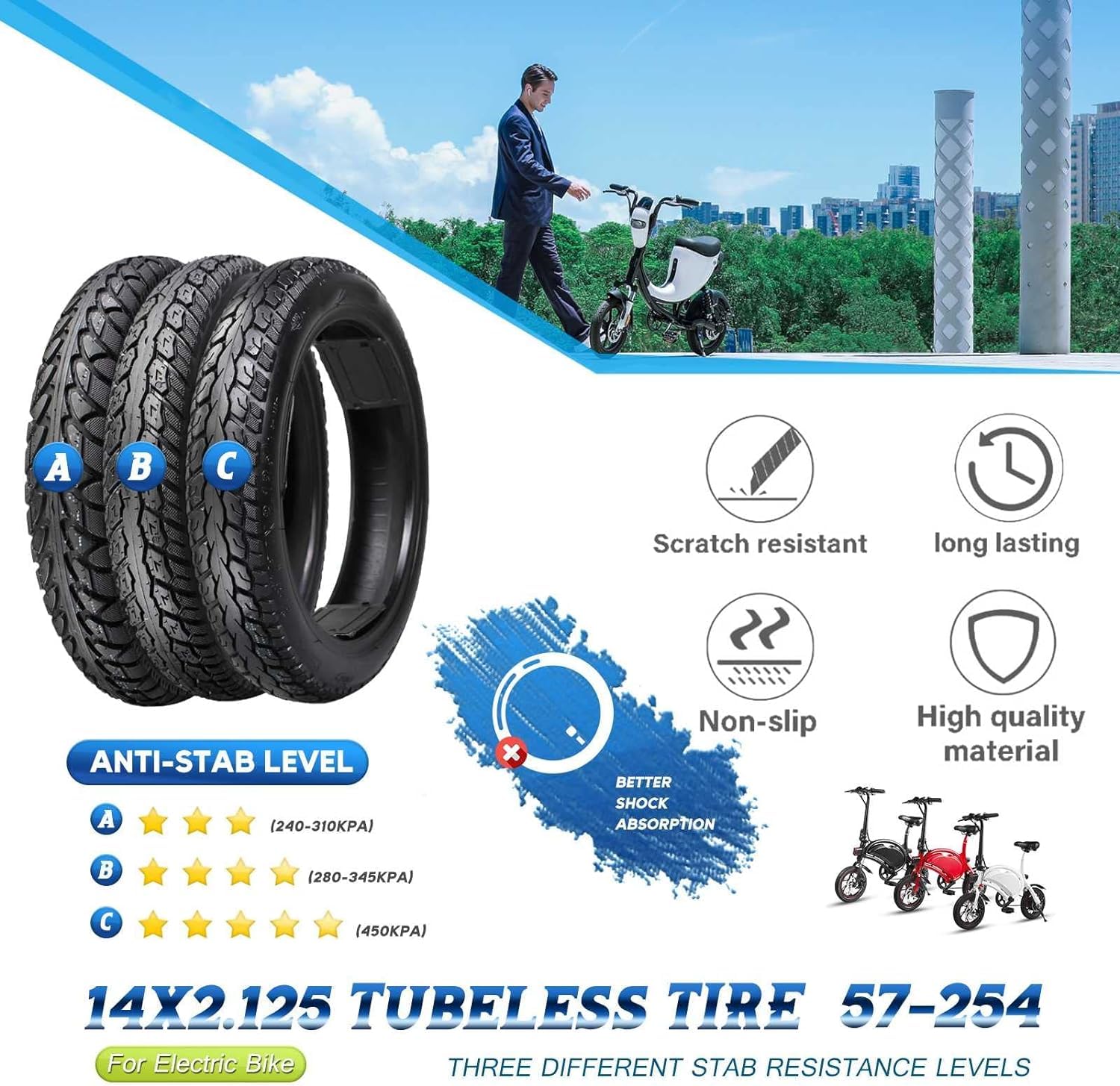 Copertone for bici elettrica 14 x 2.125 Tubeless | Pneumatico tubeless 14x2.125 for pneumatico bici elettrica pieghevole Ebike 14x2.125/57-254 con battistrada antiscivolo e design ispessito(A regular)
