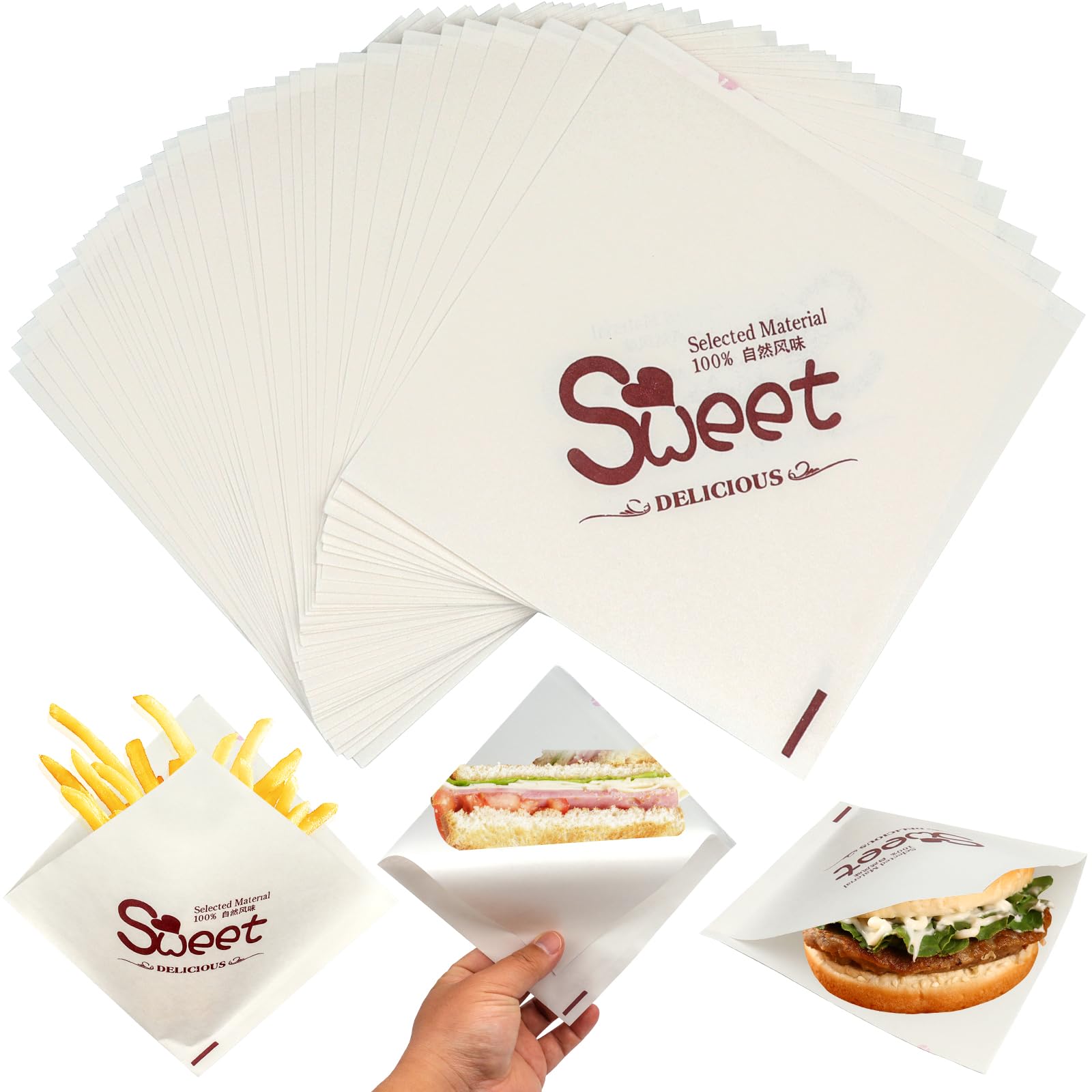 Roellgs 160 pcs 15 * 15cm Grease Proof Food Wrappers - for Hamburgers, Fries, Sandwiches, Grease Proof Multi-Purpose Paper Bags (White Paper + Coffee Letter)