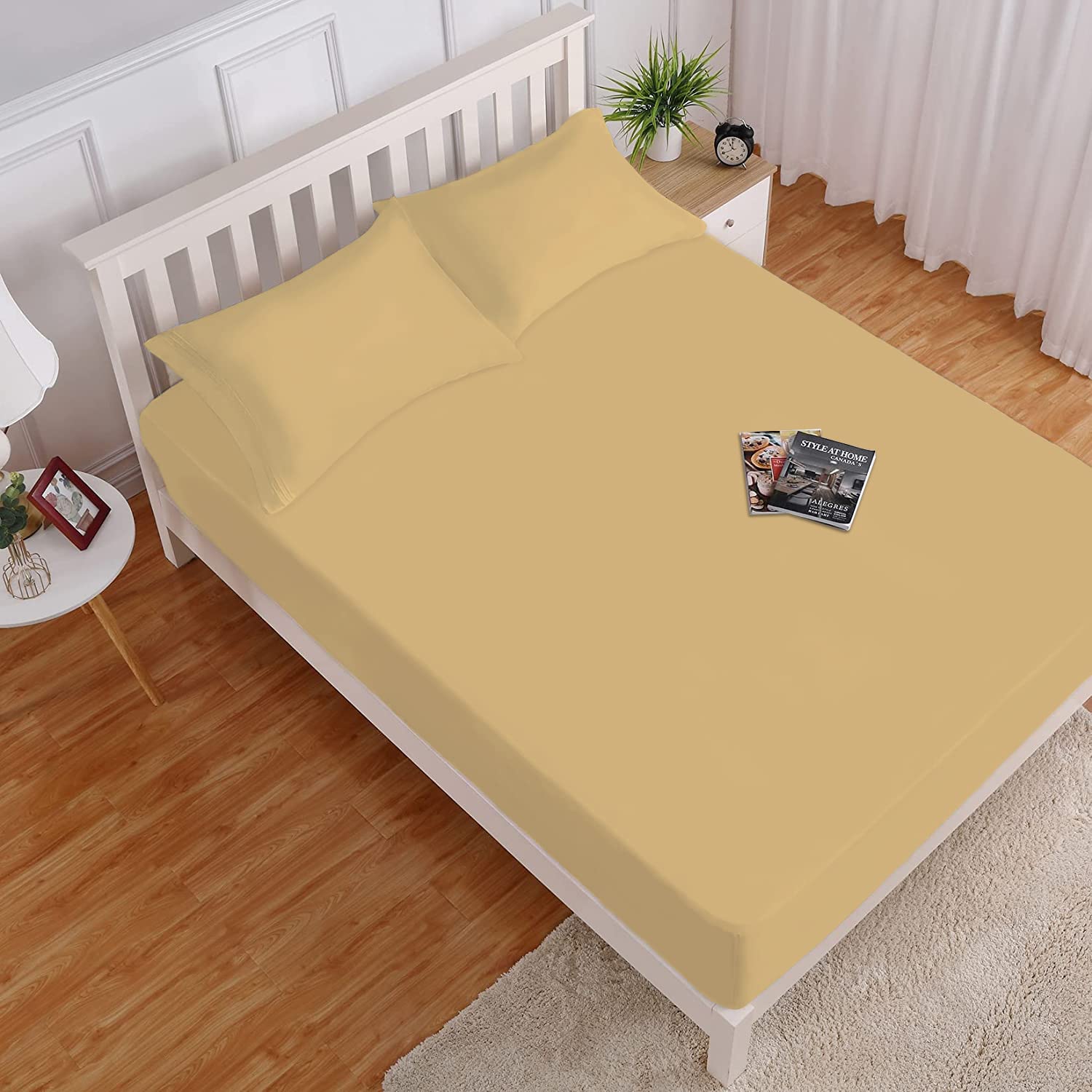 HOKIPOElastic Fitted Bedsheets for Queen Double Bed with 2 Pillow Cover, (Majestic, Beige, 60 * 72 Inches) (AR-4711-BGE)