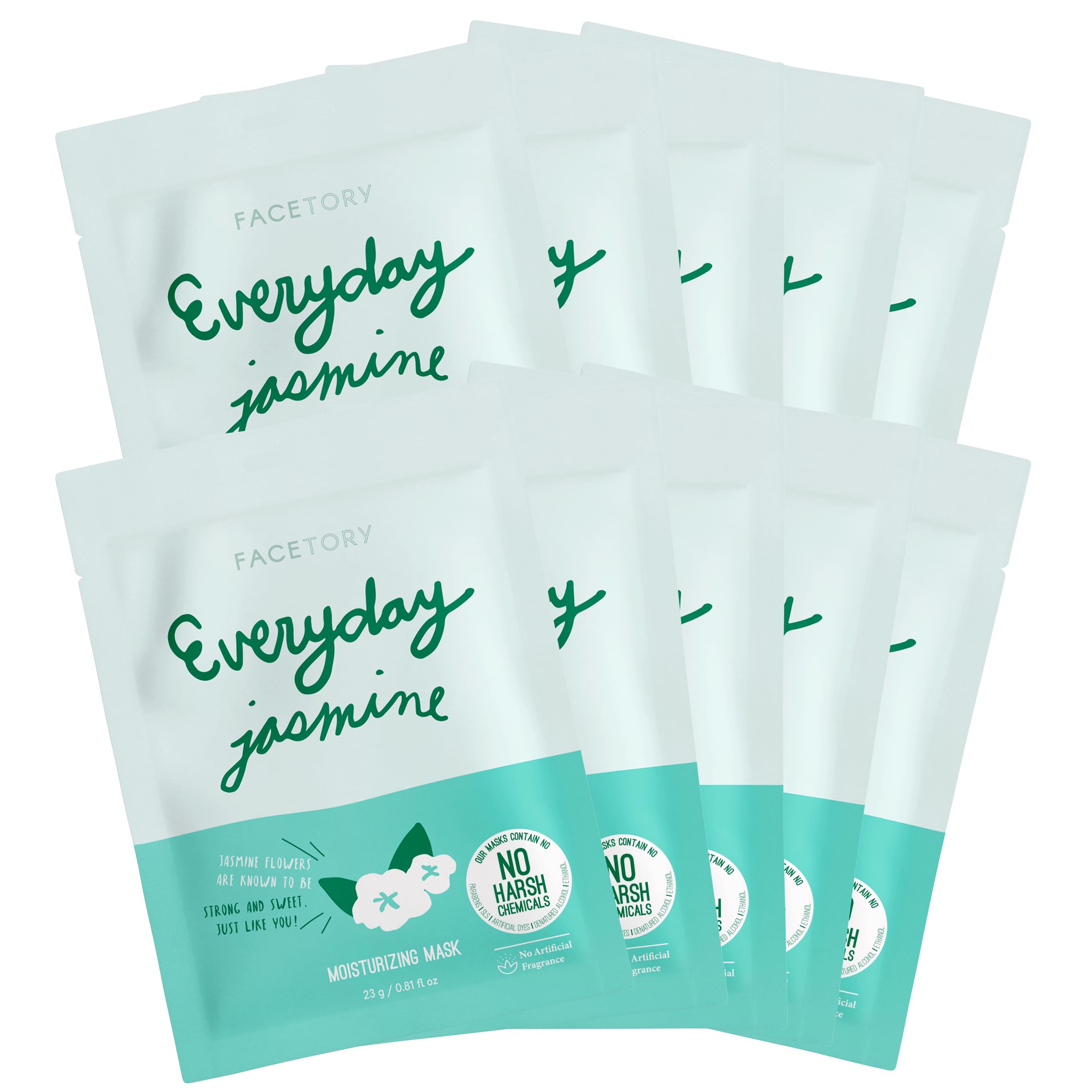 FACETORY K Beauty Face Mask Skin Care - Everyday JASMINE Moisturizing Sheet Mask | Plant-Based with Jasmine Infusion (10 Pack)