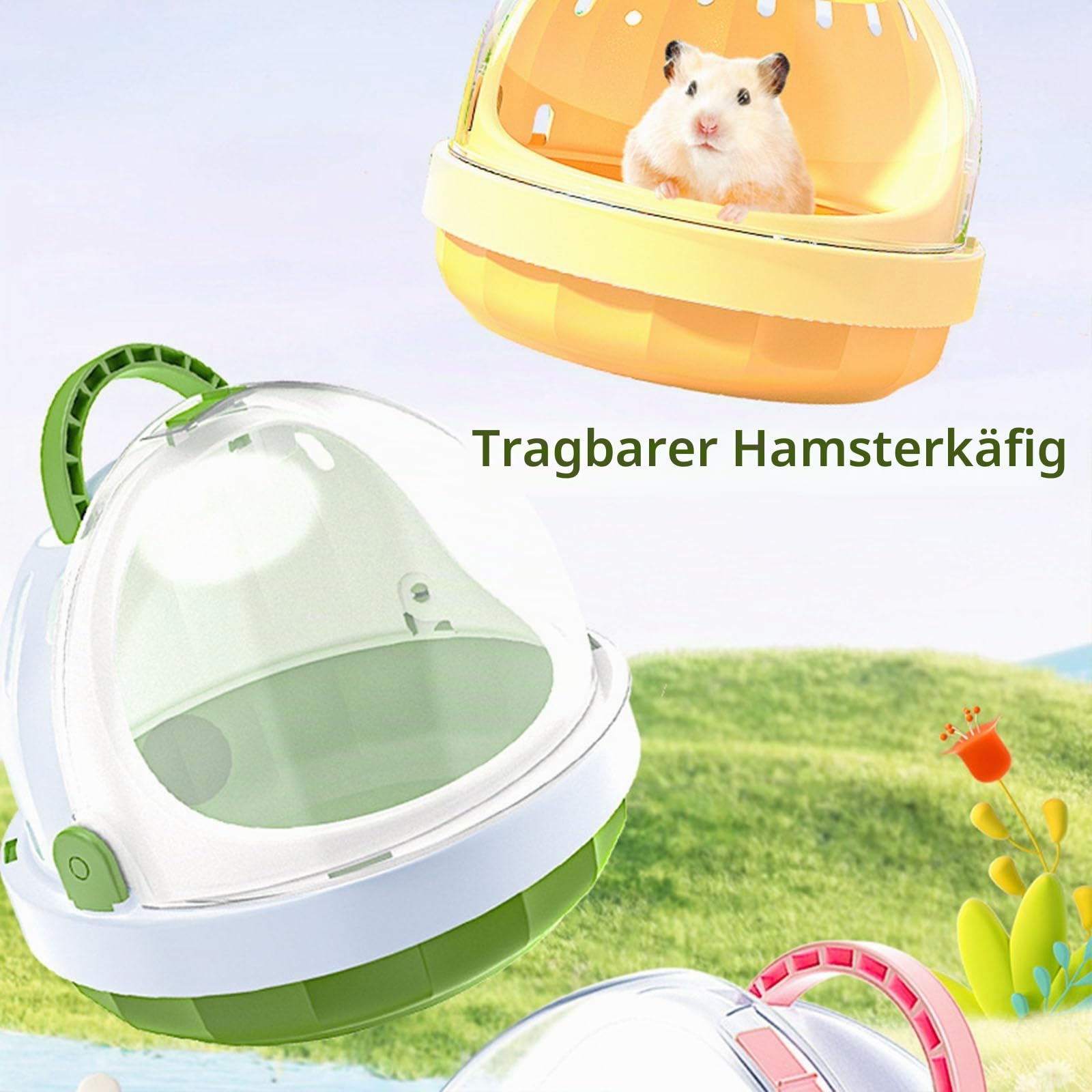 Tragbarer Hamsterkäfig mit Wasserflasche, Meerschweinchen-Tragetasche, Tragetasche für kleine Haustiere, Hamster-Reisetasche, Griff, Handheld-Käfig aus Kunststoff (grün)