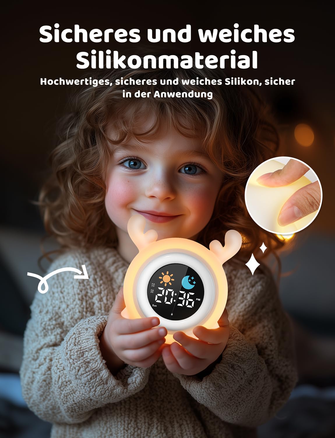 Yissvic kinderwecker Jungen, Schulanfänger Lernwecker Kinder 2 Alarme, Wochenendmodus Snooze 10 White Noise RGB Nachtlicht Wecker,Kinderzimmer Deko Rentiere
