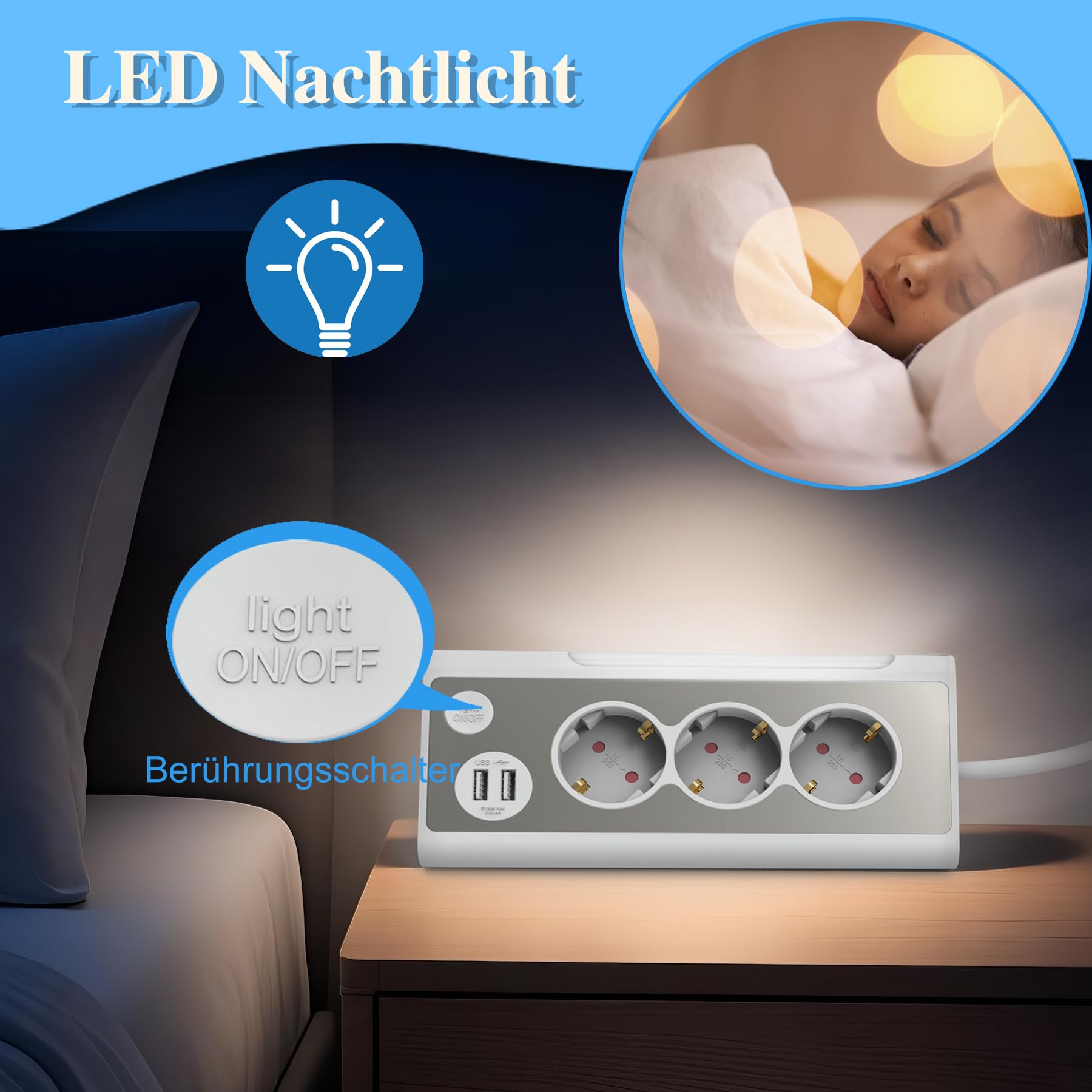 KS Mehrfachsteckdose,3-Fach Steckdosenleiste mit USB Und LED-Nachtlicht Tischsteckdose Edelstahlfrontplat Ecksteckdose, überspannungsschutz Steckerleiste für Küche (1,5m) (Packung mit 2)