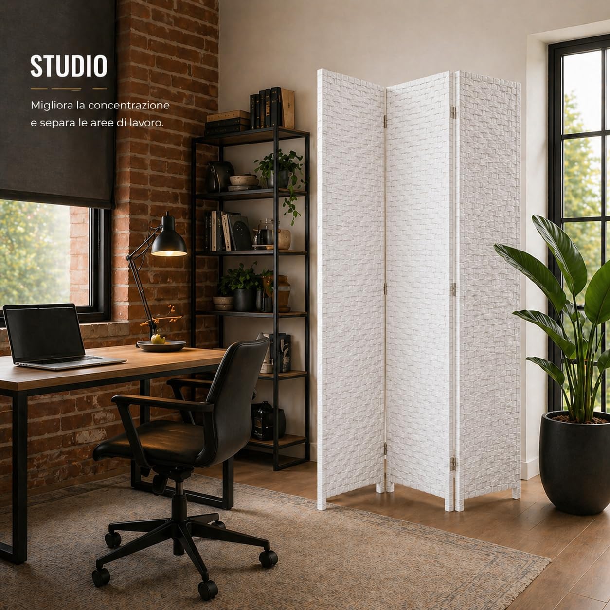 Separè da Interno 3 Pannelli 180X135h CM - Divisorio per Ambienti, in Plastica, Struttura in Legno, Motivo Intrecciato, Autoportante, per Soggiorno, Ufficio, Camera, Pieghevole - (Bianco)