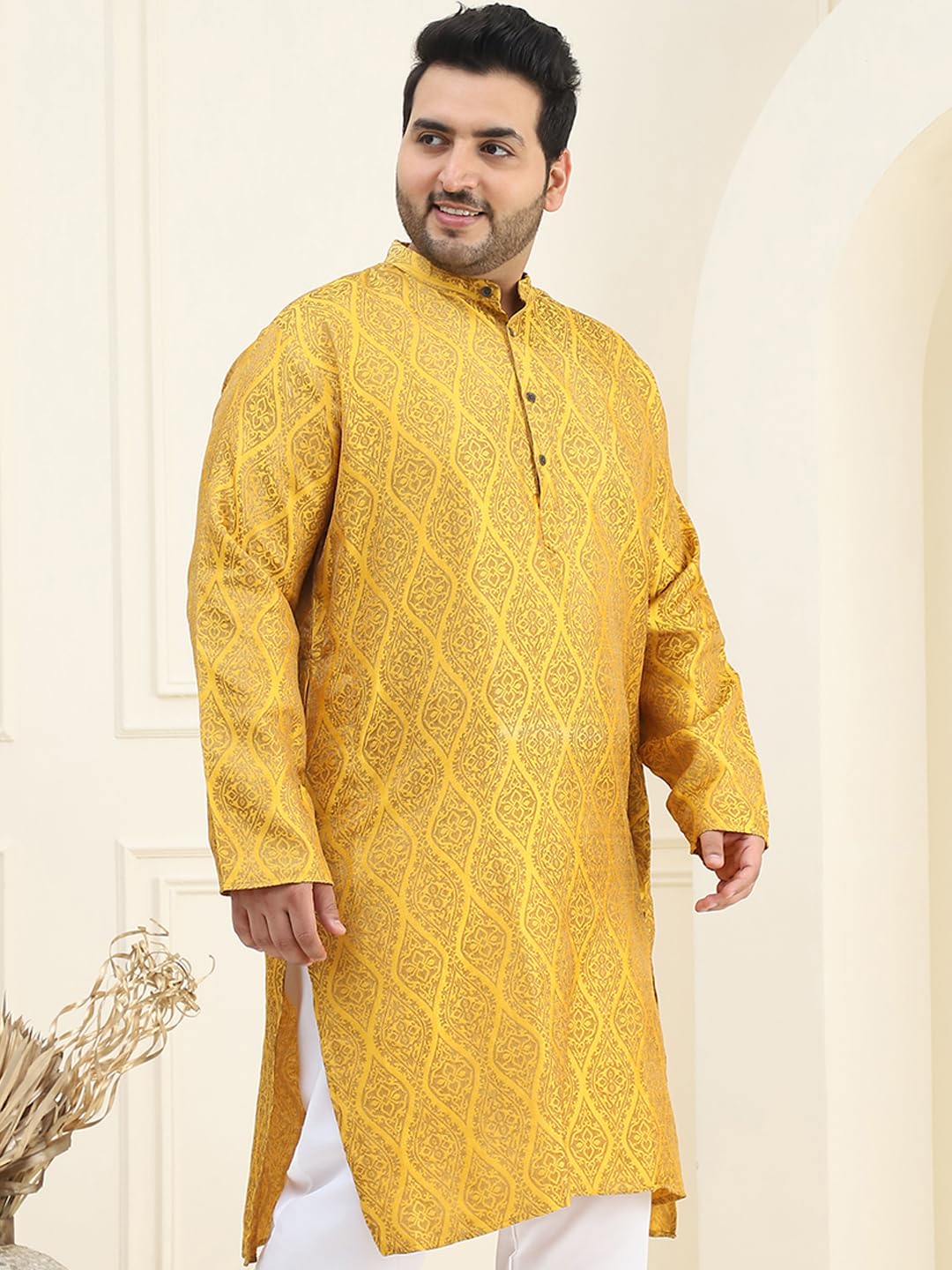 Sojanya Plus (Since 1958) Men's Jacquard Silk Mustard & Gold Only Long Kurta