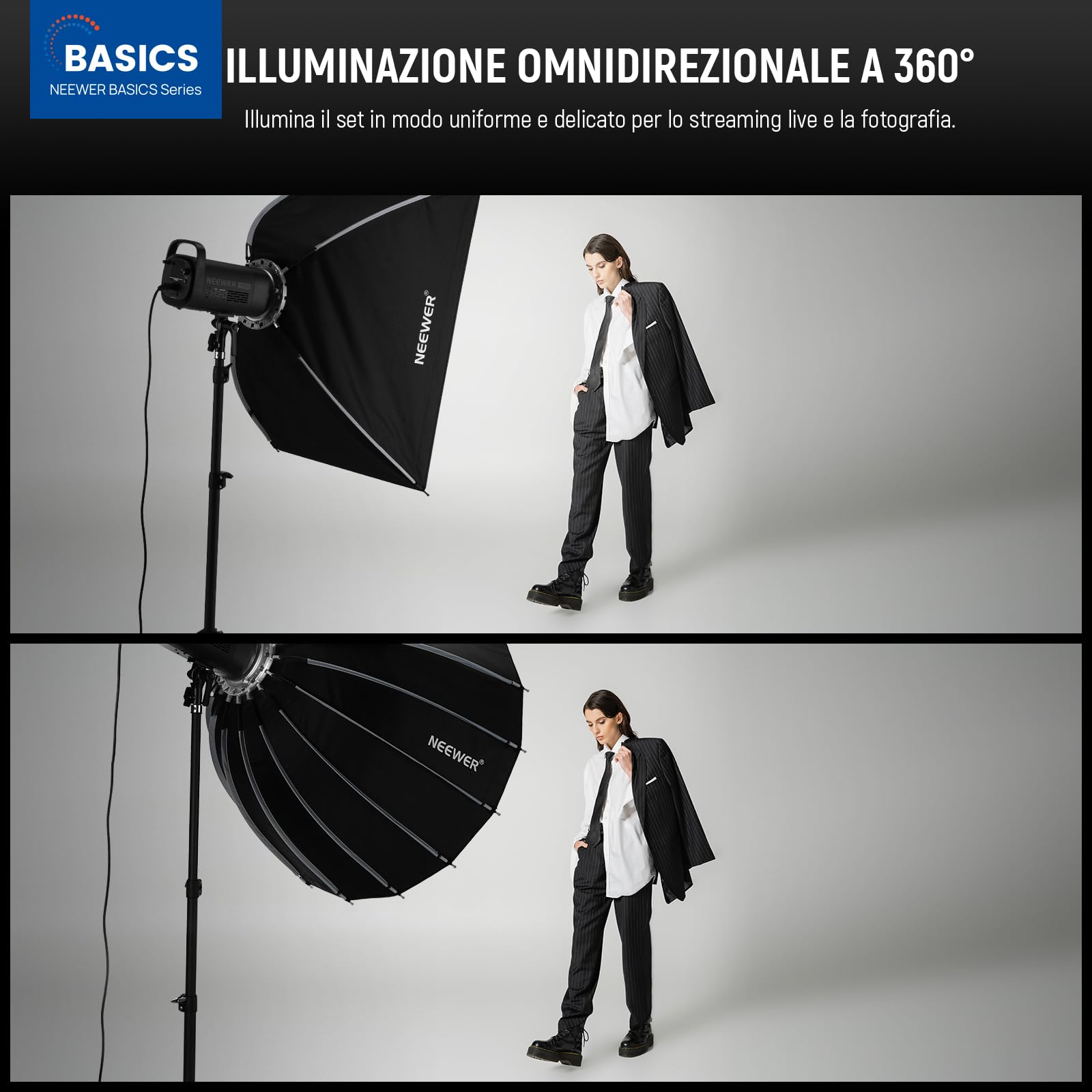 NEEWER BASICS Softbox Parabolico ad Attacco Bowens, 120cm Soft Box a Sgancio Rapido con Diffusore/Griglia/Borsa Compatibile con Godox Compatibile con Aputure 600d Luce per Foto Video da Studio, NS39P