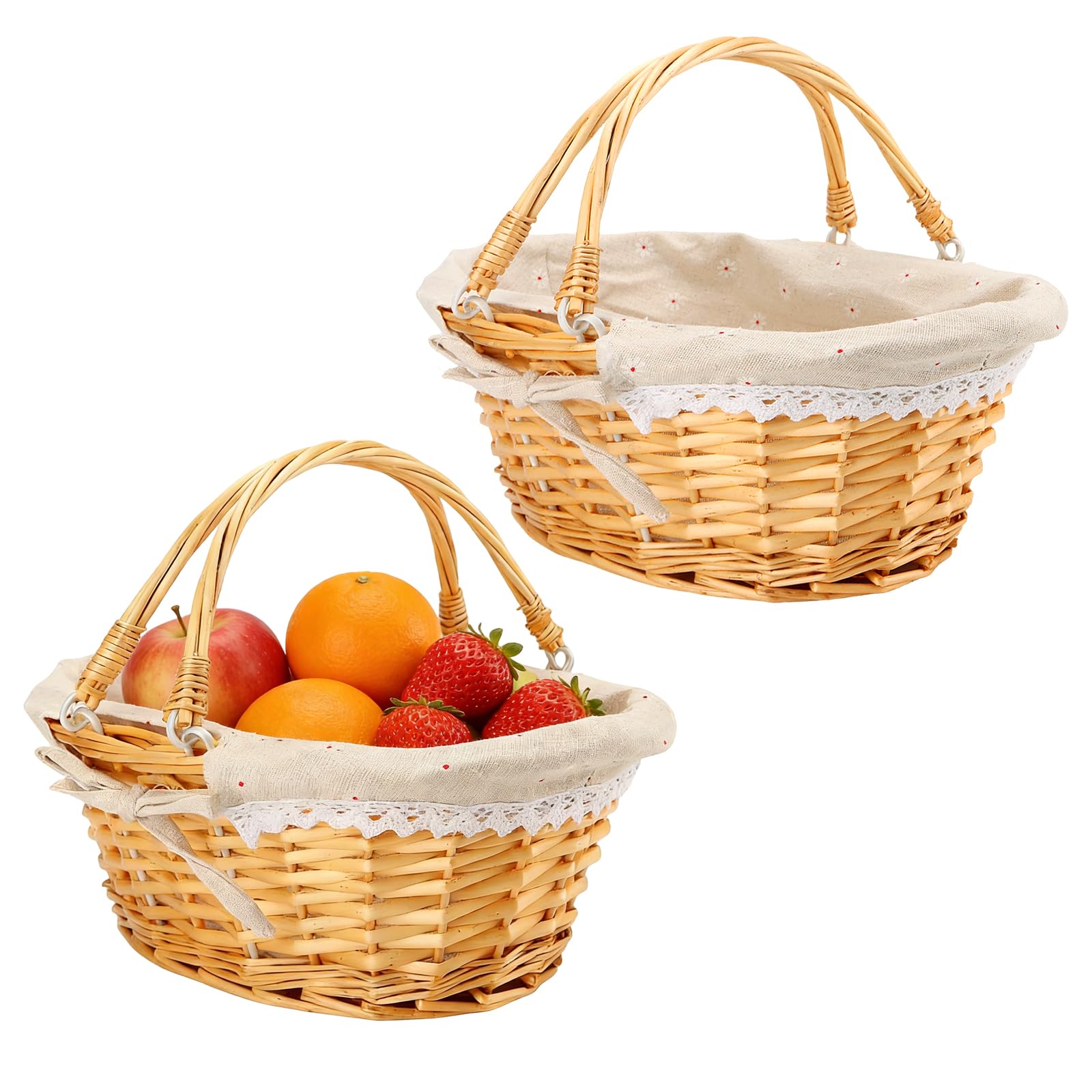 MUKSUET 2 PCS 33x23x12 cm Honey Colour Wicker Basket, Woven Basket with Double Folding Handles and Fabric Lining, Wicker Storage Basket for Picnic Packing