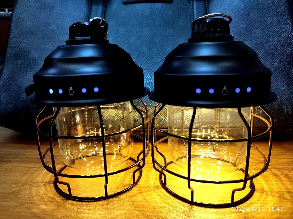 2-Pack Mini Vintage Metal Hanging Lanterns 3600mAh Battery Warm Light Led Camp Lantern Rechargeable Lightweight Tent Light for Outdoor