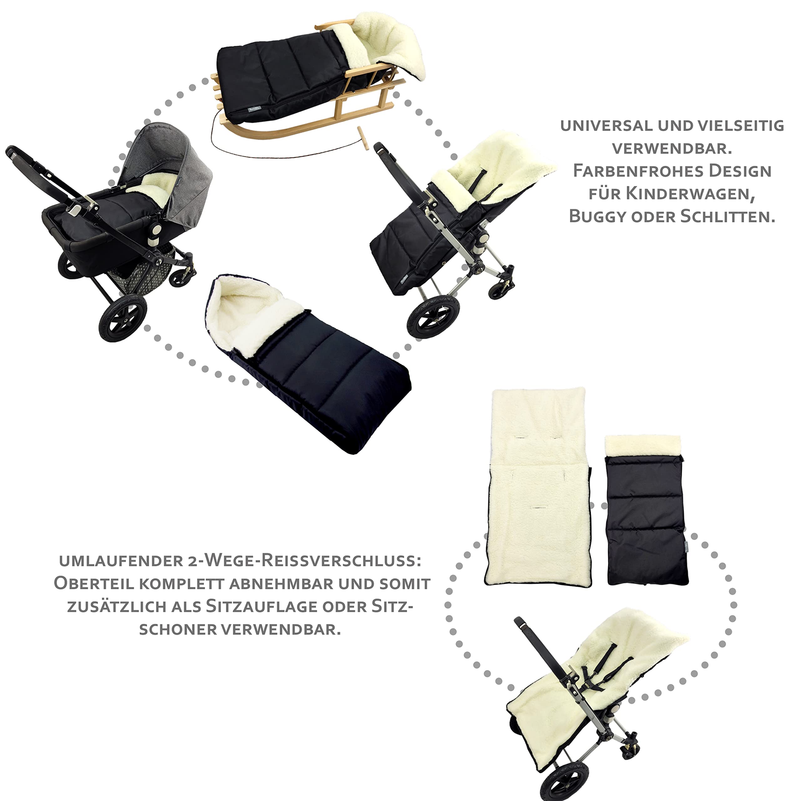BAMBINIWELT KOMBI-oferta mufka + śpiworek na stopy 108 cm – z wełny jagnięcej do wózków dziecięcych, Buggy, przyczepa rowerowa – wełna – linowana (morska)