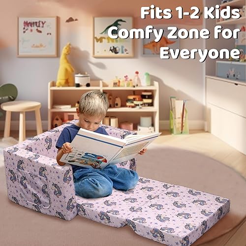 Miniatura 3 de Truwelby Sofá para niños sofá convertible 2 en 1 para niños sillas y dormir extra suaves sillas abiertas con estampado de dinosaurio lindo sofá para