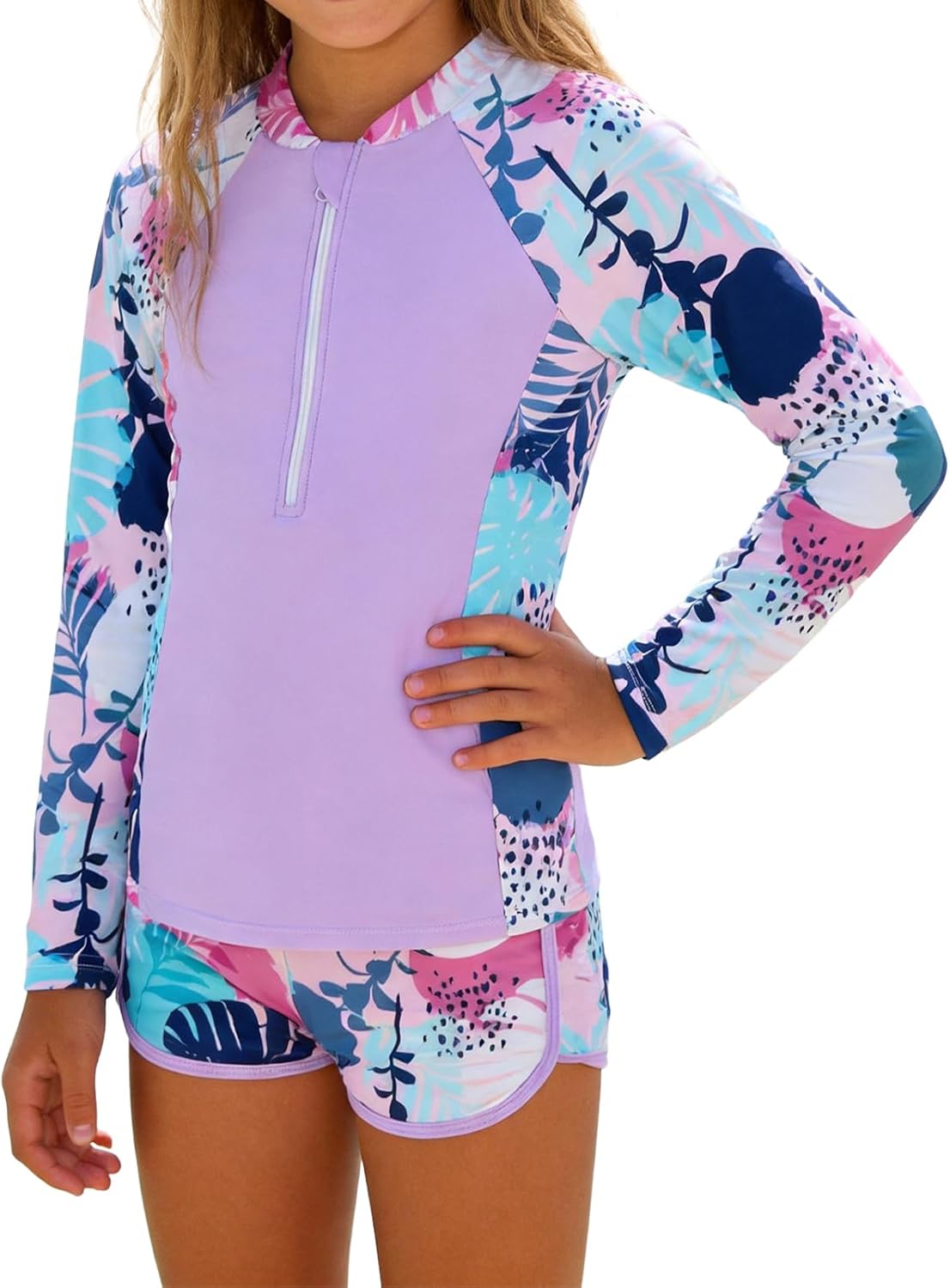 IBTOM CASTLE Girls Rash Guard Long Sleeve Swimsuits Set 2 Piece Kids Bathing Suit UV Protection Swim Top+Shorts for 7-14Y