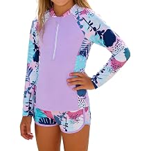 OBEEII Girls Long Sleeve Floral Print Swimsuit Swimming Top+ Bottom Rash Guard Two Pieces Set Zip Up Surfing Bathing Suit