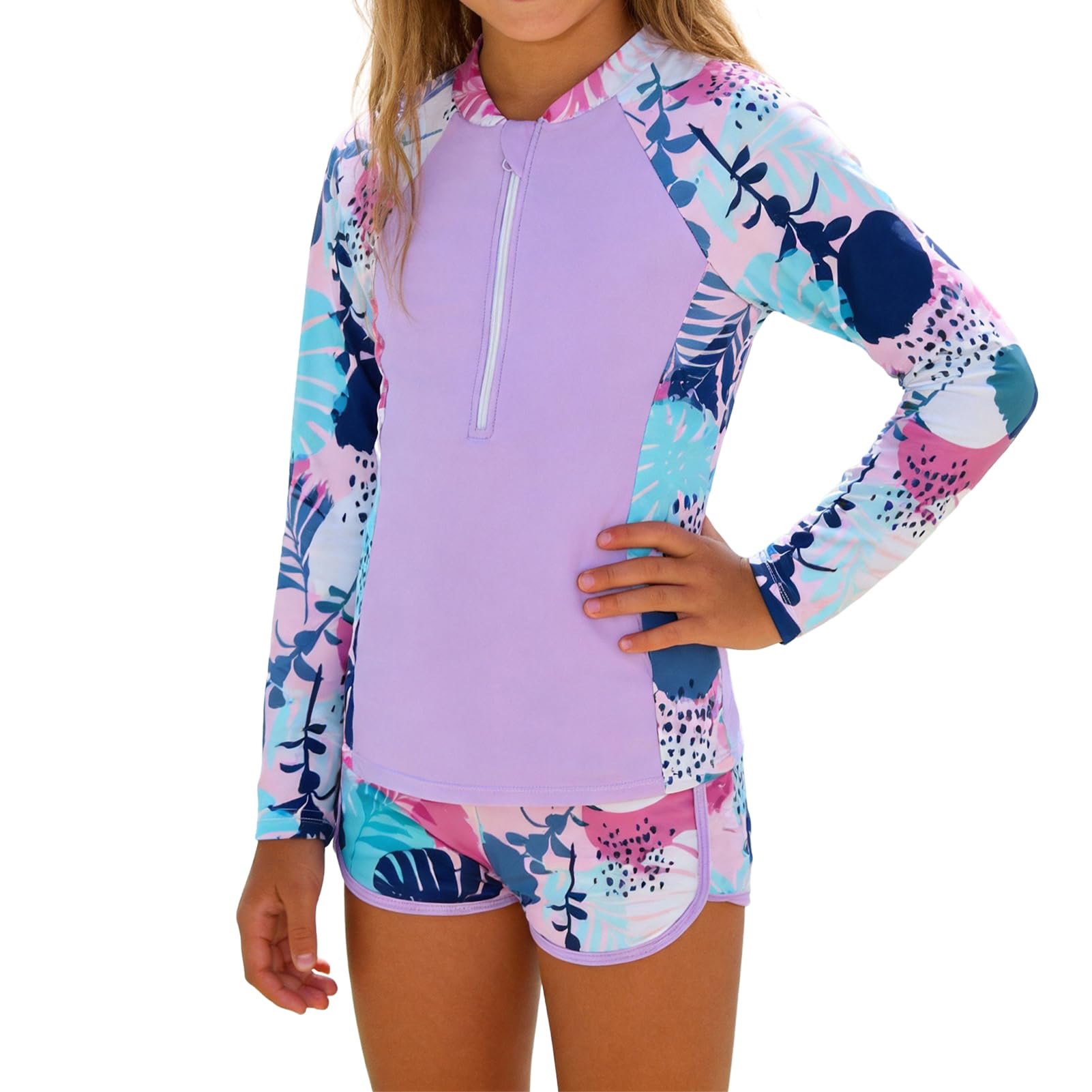 Conjunto de camiseta de manga larga UPF 50+ y pantalones cortos para niñas, traje de baño de 2 piezas para adolescentes y adolescentes, protección UV, secado rápido, traje de playa de verano