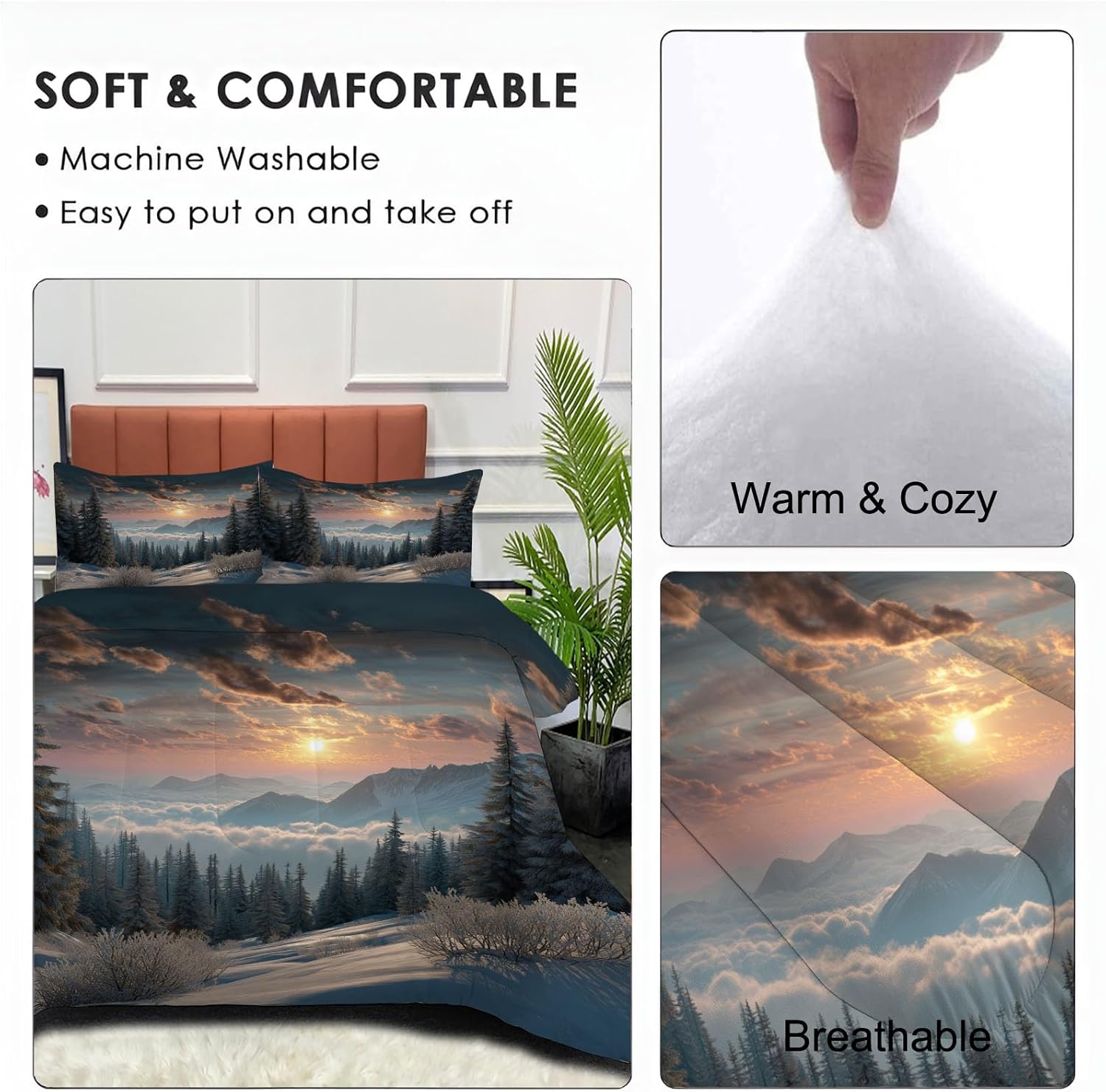 3 Piece Quilts Twin Size Bedding Set, Silver-Gray Lightweight Bedspread, Soft Microfiber, Snowy Mountain Scenery Pattern for All Season Bed Coverlet with 2 Pillow Shams, 68"X90"