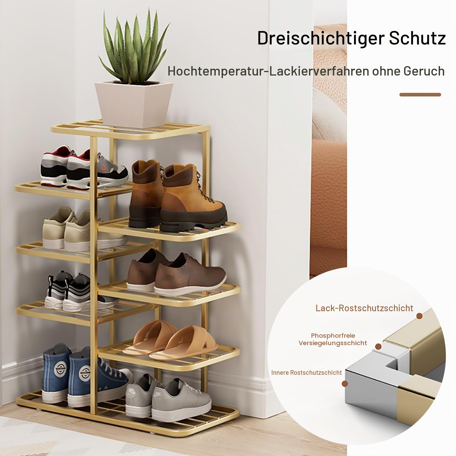 Schuhregal Metall Vertikales Schuhablage Offener Schuhschrank Hoch, Schuh-Organizer für Flur Schlafzimmer Eingangsbereich, Einfache Montage(Gold,93cm/36.6in)