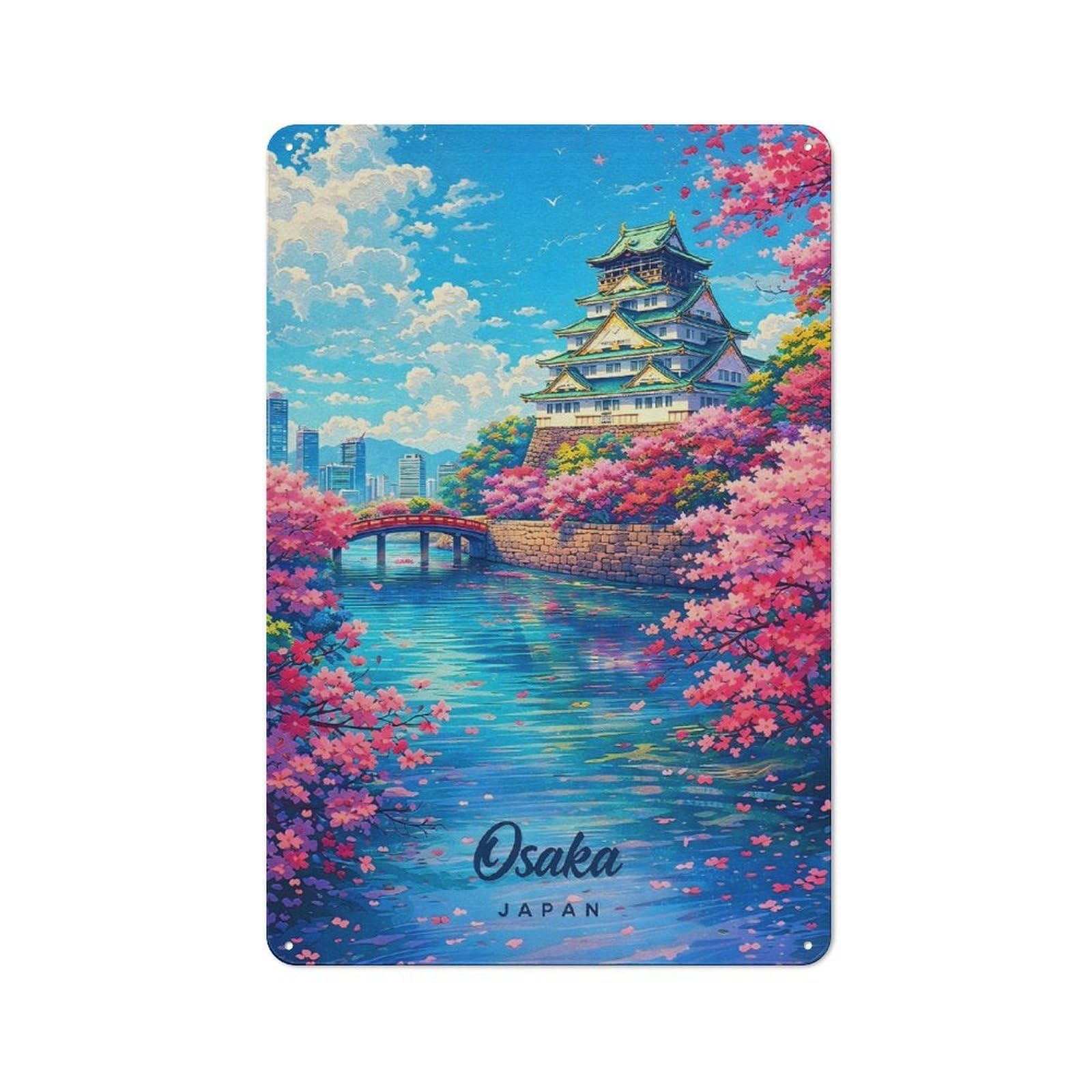 Understated Osaka Castle with Cherry Blossoms Metal Wall Plaque 30x20cm, Creative Space Decor for Office, Study, Studio Or Hallway