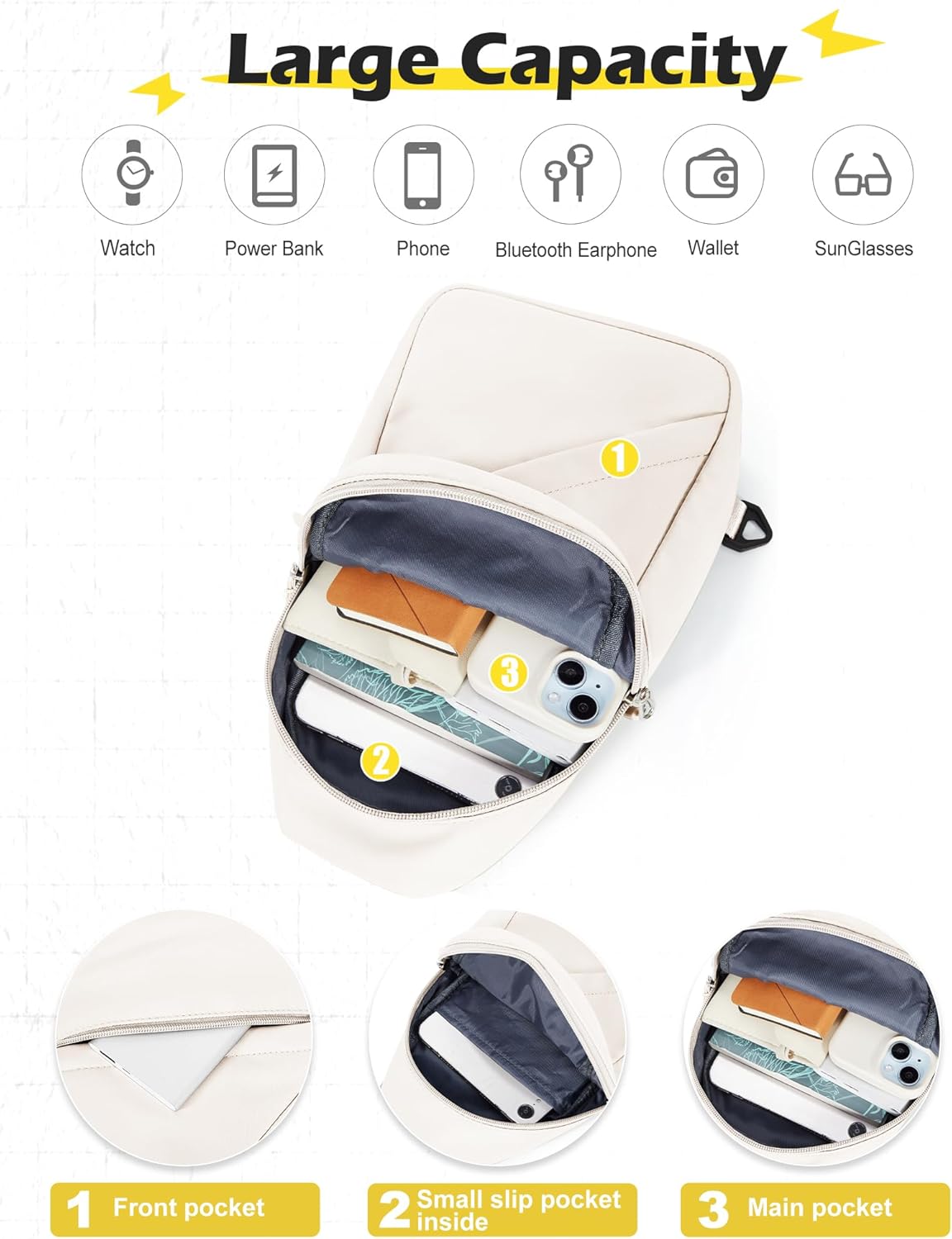 SEAFEW White Sling Crossbody Bag for Men Women, Tactical Backpack Shoulder Daypack Mini Anti-Theft Cross Body Motorcycle Chest Bags, Small One Strap Fanny Back Pack for Casual Travel Hiking Sport Gym - Image 4