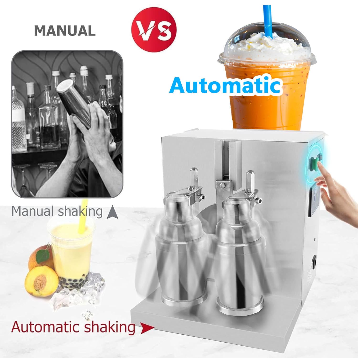 Elektryczny shaker do herbaty mlecznej, regulowana maszyna do mieszania z 2 kubkami 700 ml do herbaty bąbelkowej, soku, kawy i innych, 30% szybsze mieszanie w porównaniu z ręcznymi shakerami