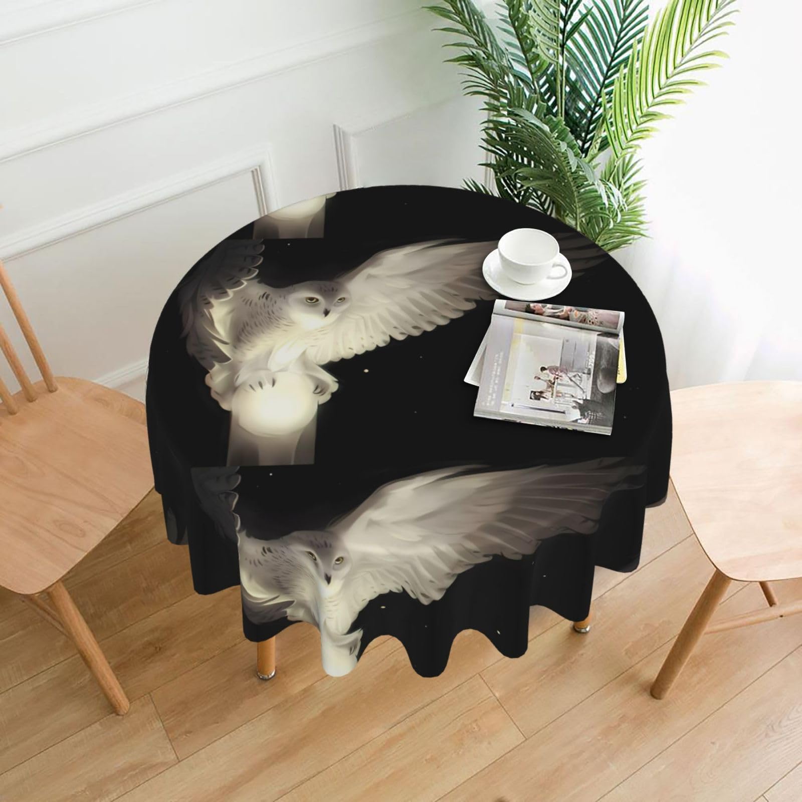 YYHHAOFA White Owl Prints Round Decorative Tablecloth 60in - High-Grade Polyester Throw for Dining Tables, Parties, & Outdoor Events
