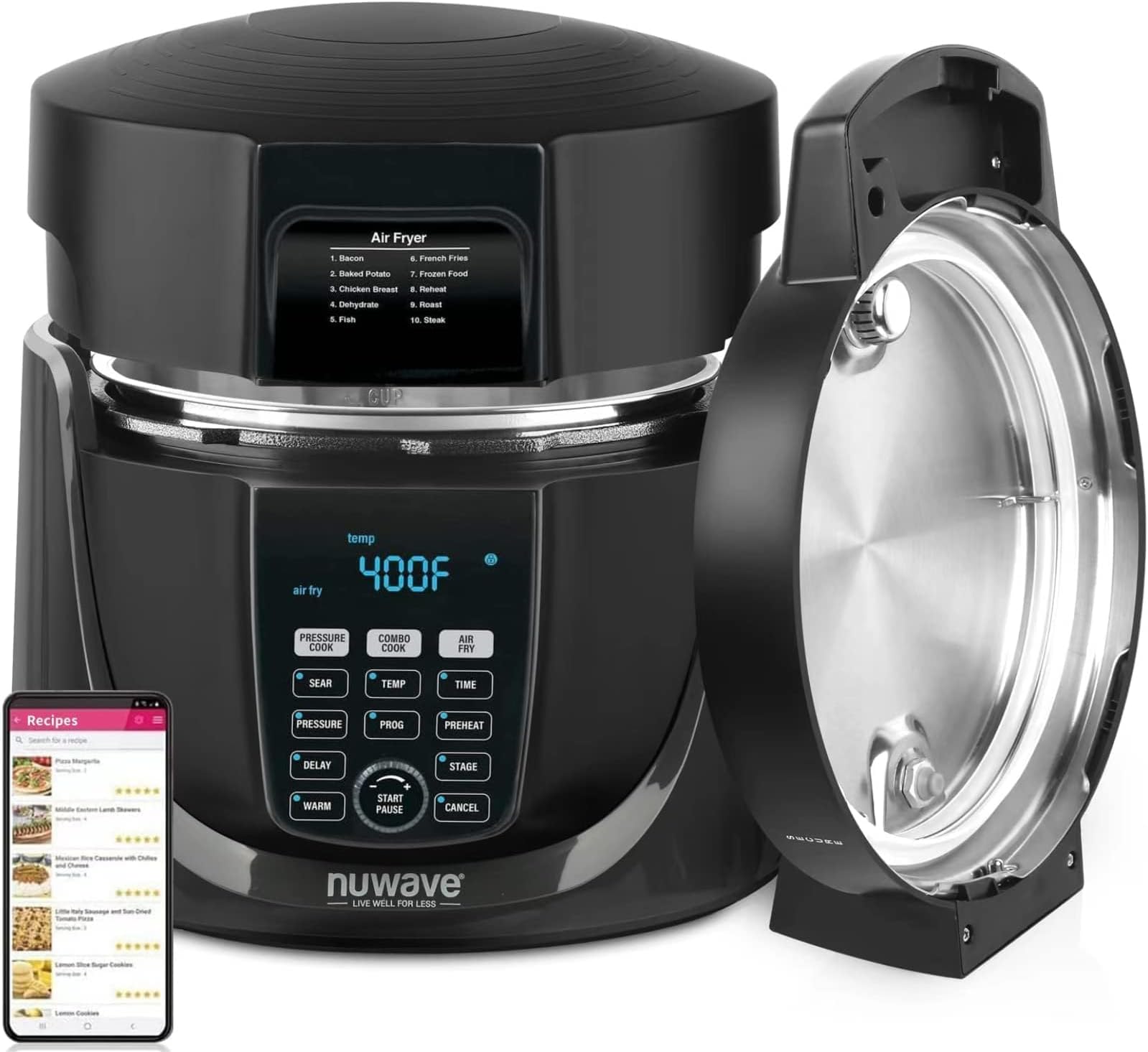 Nuwave Duet Pressure Cook and Air Fryer Combo Cook; Stainless Steel Pot & Rack; Non-Stick Air Fryer Basket; Steam, Sear, Saute, Slow Cook, Roast, Grill, Bake, Dehydrate, Pressure Cook & Air Fry