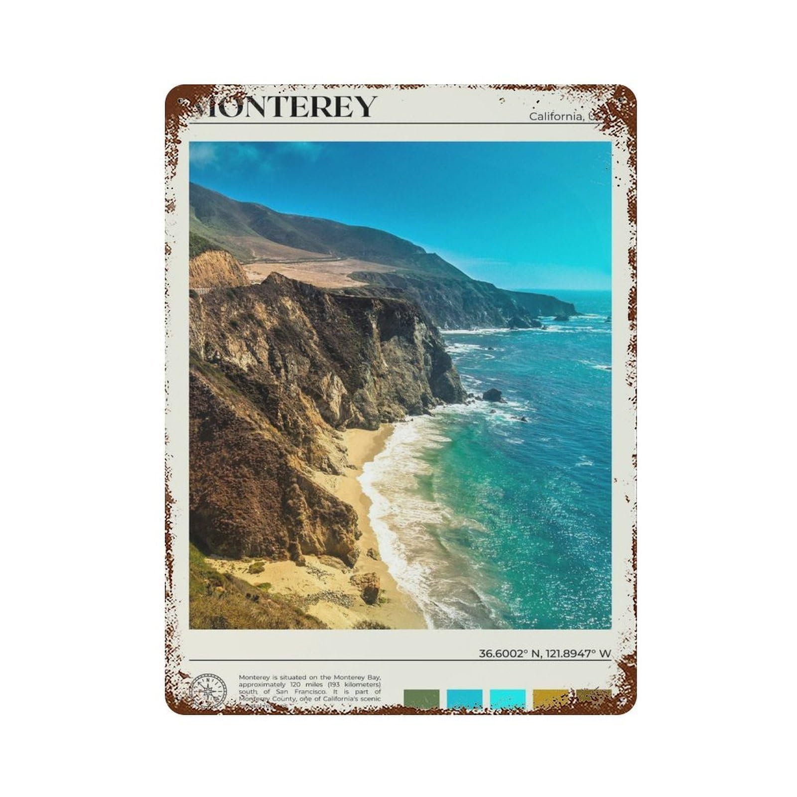 xiaoxiaoshen Real Photo Monterey Decor California Wall Decor Art Metal Tin Poster Modern Home Decor Art Home Bar Shop Decorations Vintage Sign 40x30cm