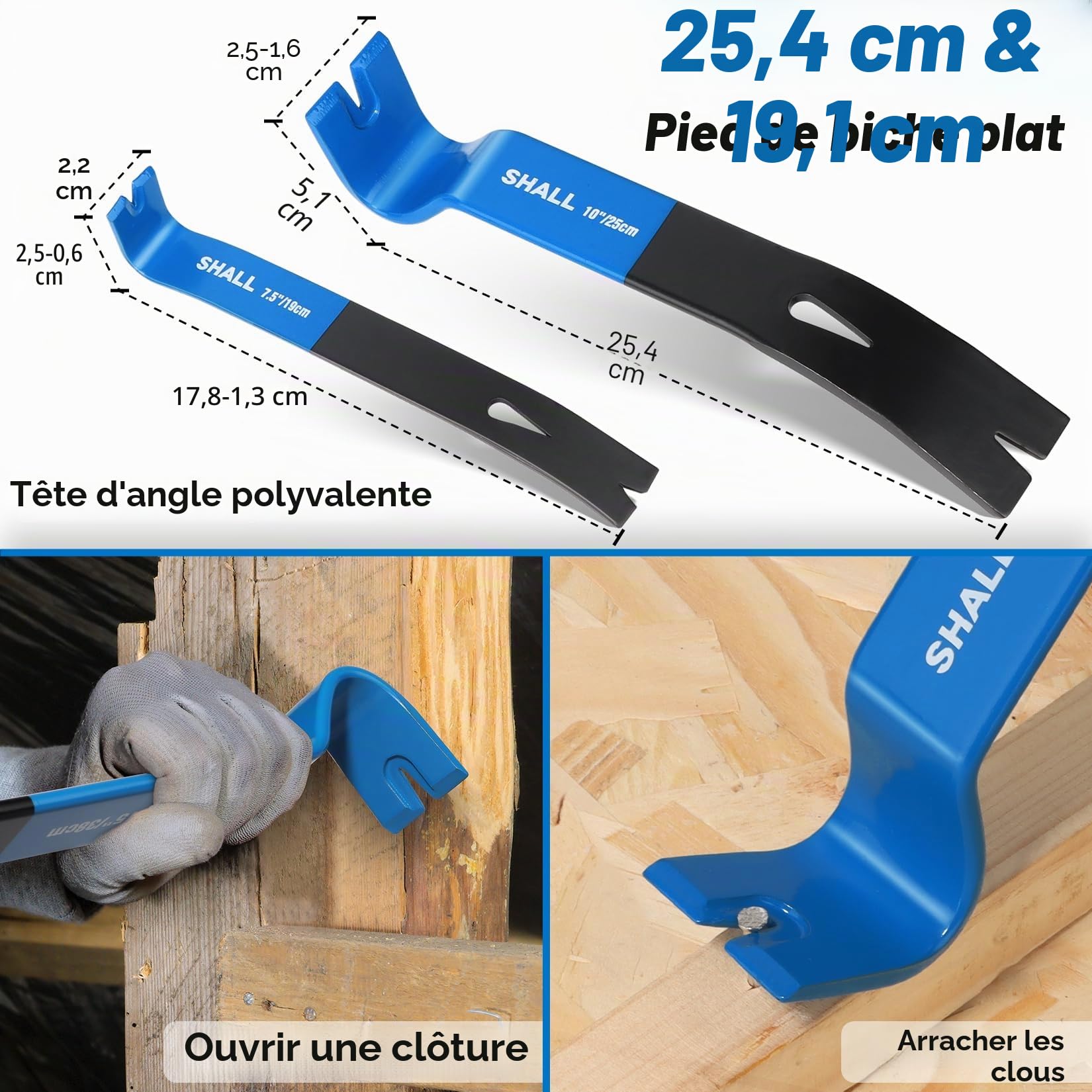 SHALL Pieds de biche lot de 4,Pied de biche plat pour pied de vache, Tire-ongles haute performance,Outil arrache-clou pour planches, revêtements de sol, retrait de clous