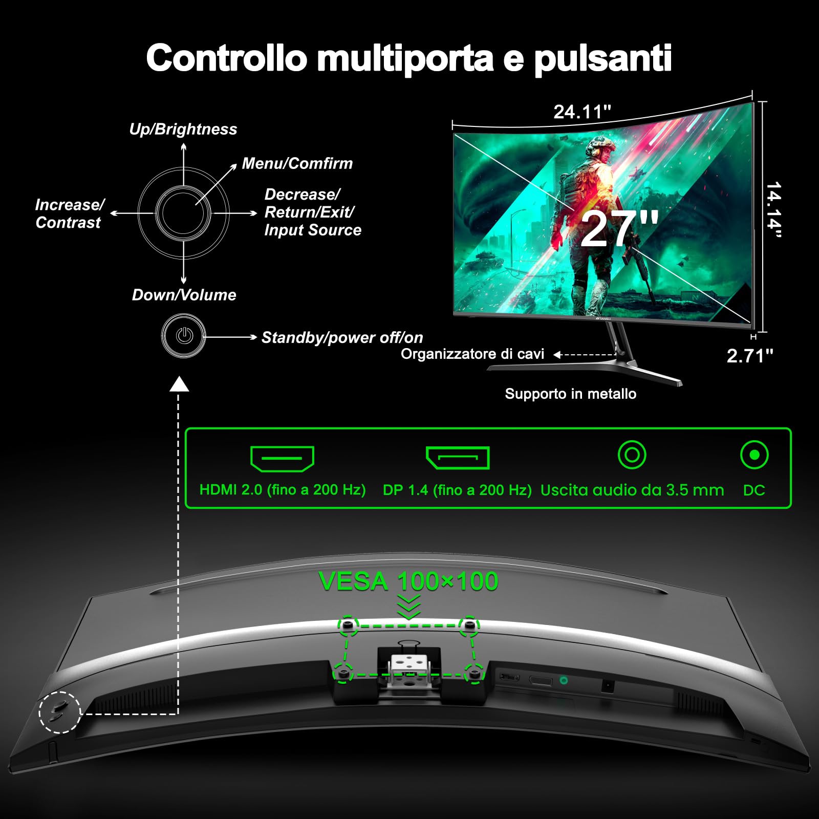 Minifire Gaming Curved Monitor 27 Pollici MFG27C1 200Hz 1Ms 120% sRGB Monitor con Sprecher 1920 * 1080 VA Panel (MFG27C1 con cavo HDMI)